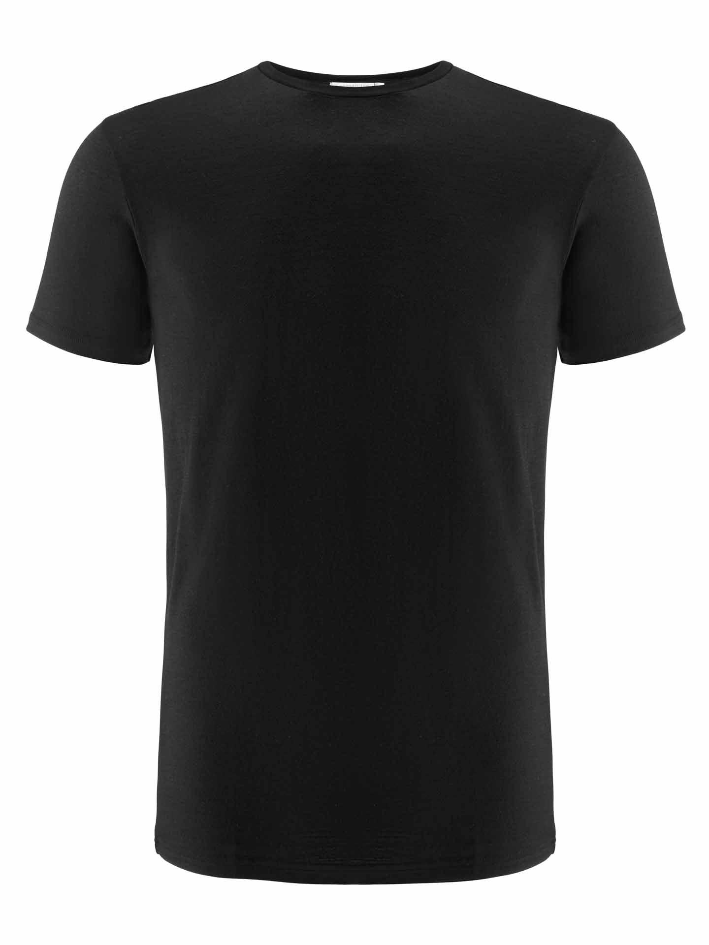 The Base One Tee Men by We Norwegians is presented against a white background. This short-sleeved, crew-neck T-shirt in plain black is crafted from 100% merino wool, featuring smooth fabric that is both odor-resistant and thermoregulating. The T-shirt has no visible logos, patterns, or designs.