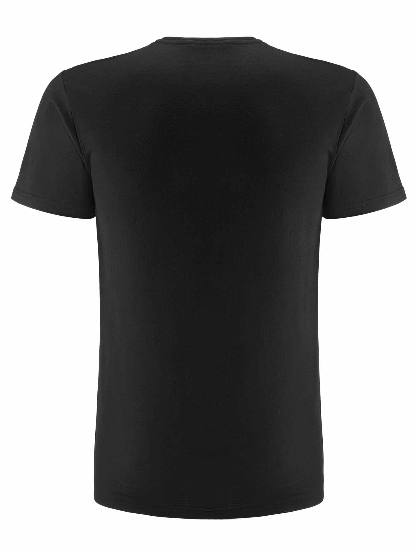 The back view of the Base One Tee Men by We Norwegians displays its minimalistic, solid black design with short sleeves and no visible logos, patterns, or text. Made from 100% merino wool, this T-shirt is thermoregulating and odor resistant, offering all-day comfort.