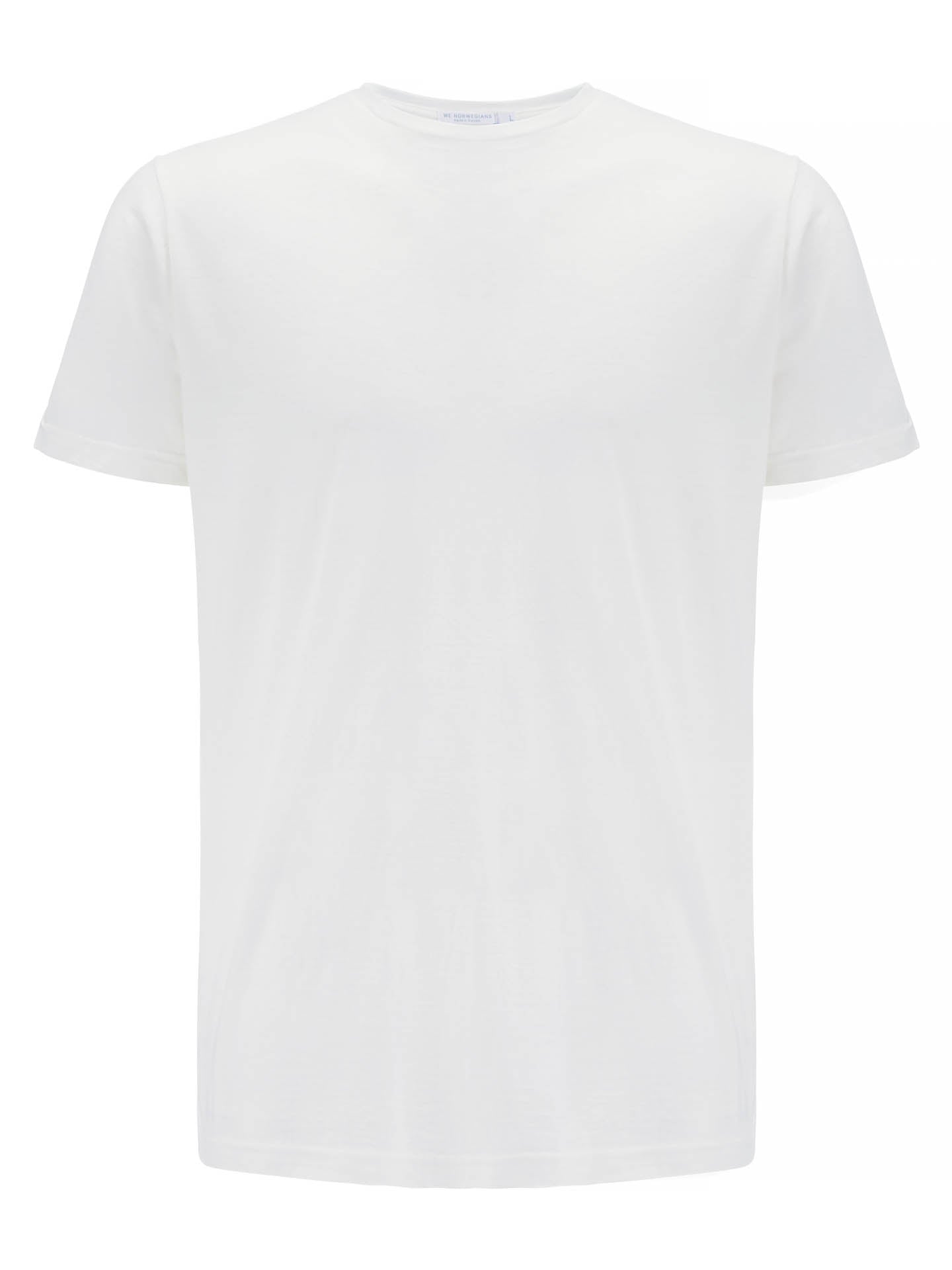 The Base One Tee Men by We Norwegians is a plain, white, short-sleeve T-shirt made of 100% merino wool displayed against a white background. This shirt features a crew neckline and has no visible designs, logos, or patterns. It is odor resistant and thermoregulating, appearing clean and neatly pressed.