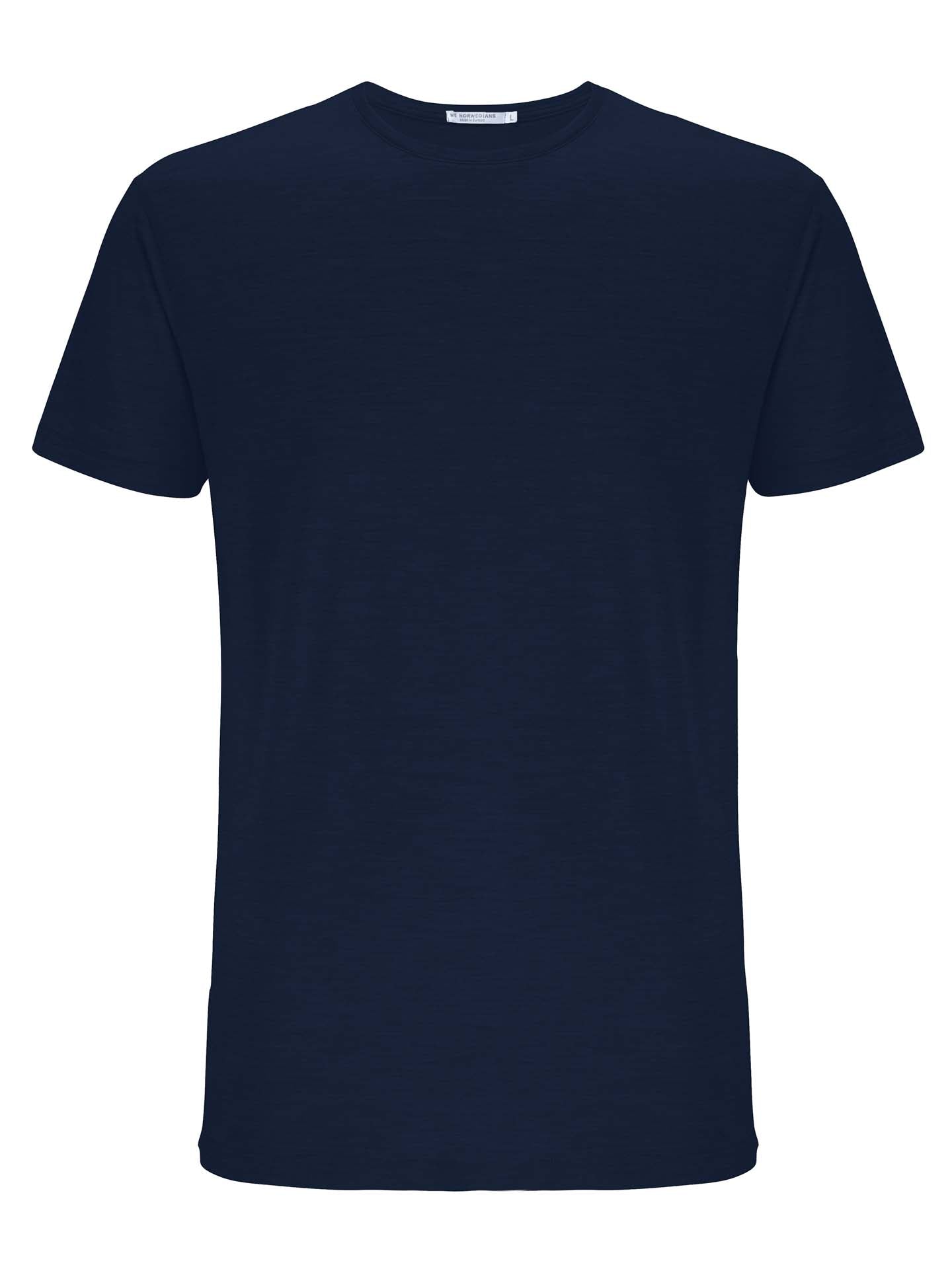 The Base One Tee Men by We Norwegians is displayed against a white background. This plain navy blue t-shirt, crafted from 100% merino wool, features a crew neckline, short sleeves, and a straight hem. The fabric looks soft, lightweight, and odor-resistant.