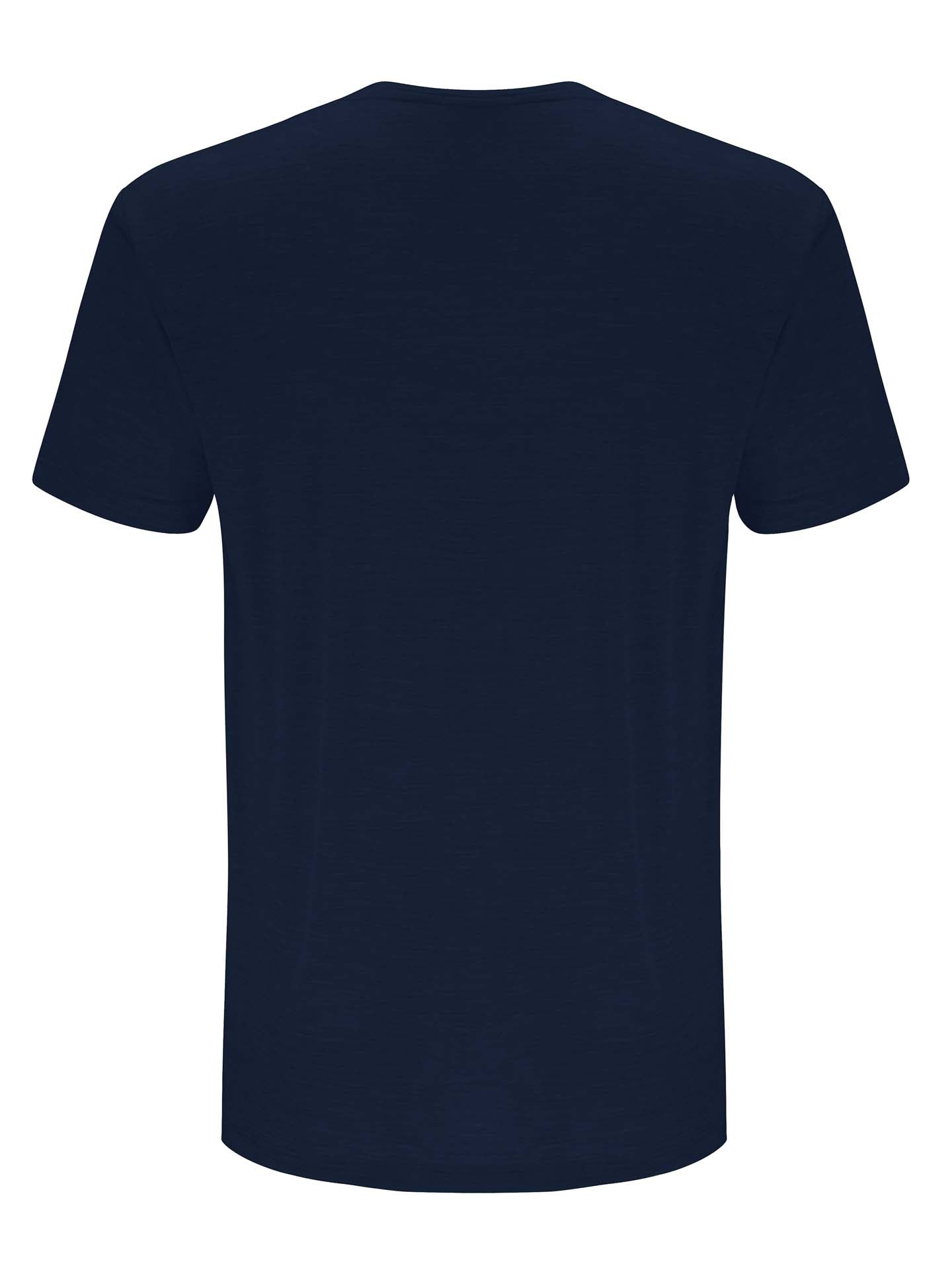 The Base One Tee Men from We Norwegians is shown from the back, showcasing its plain, solid dark blue color. This short-sleeved t-shirt has no visible logos or designs and is made of 100% merino wool, offering a smooth and lightweight fabric with thermoregulating properties for added comfort. The classic cut features a round neckline.