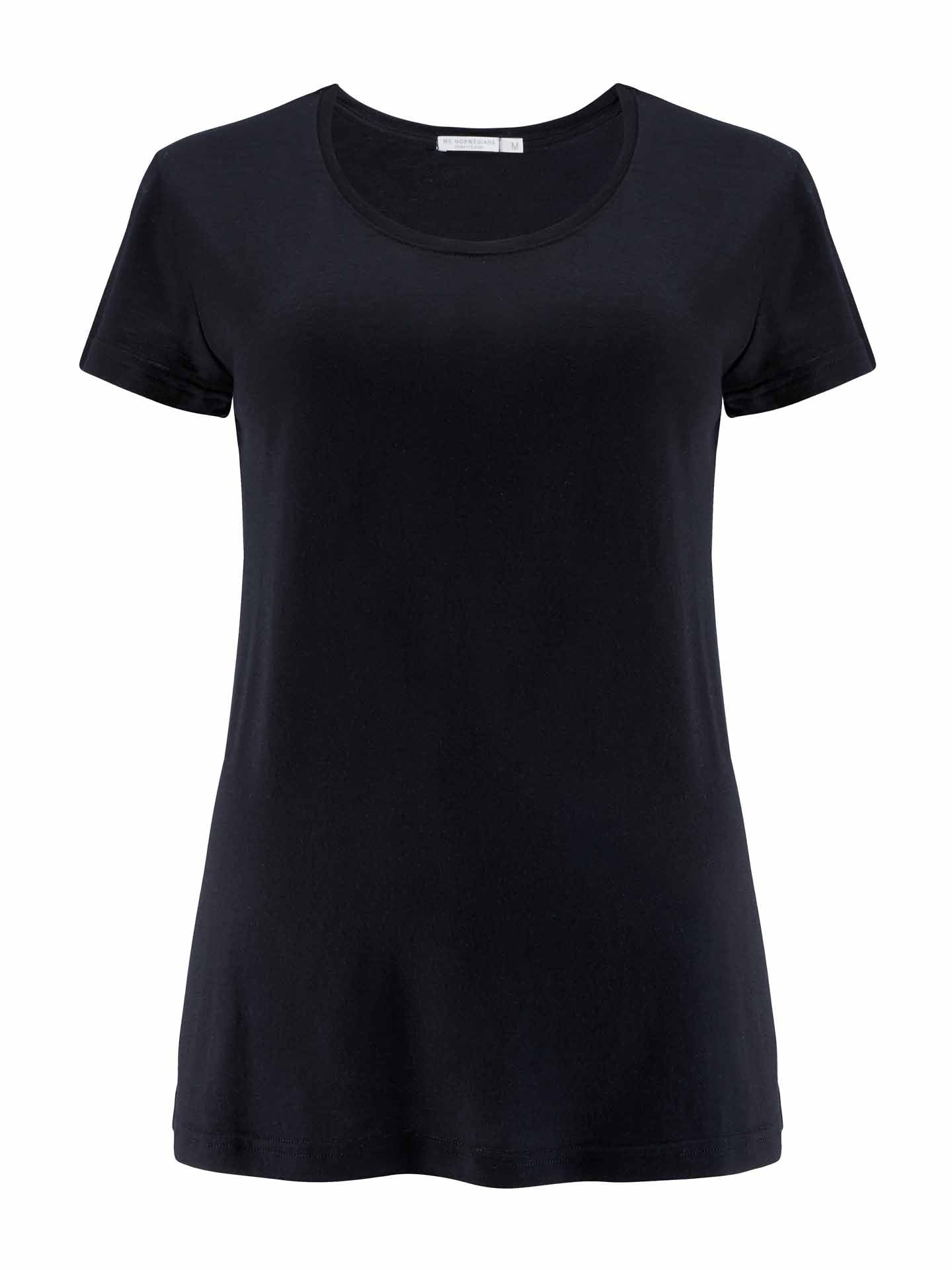 Image of the Base One Tee Women from We Norwegians, featuring a plain, short-sleeved, black women's T-shirt with a round neckline. Made from soft, single jersey merino wool that exudes luxury and smoothness. Displayed against a plain white background.