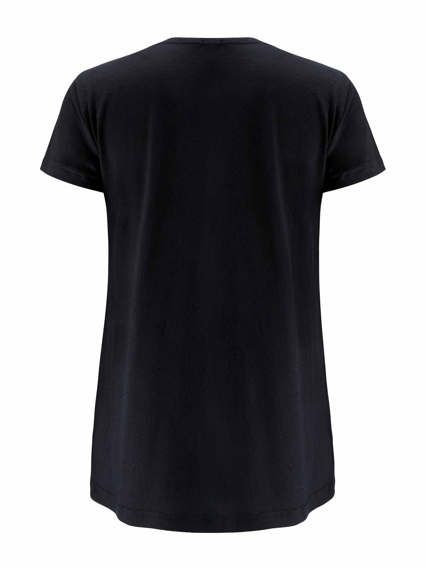 The We Norwegians Base One Tee Women is displayed against a white background. The plain black merino wool T-shirt is viewed from the back, showcasing its short sleeves and simple, seamless design.