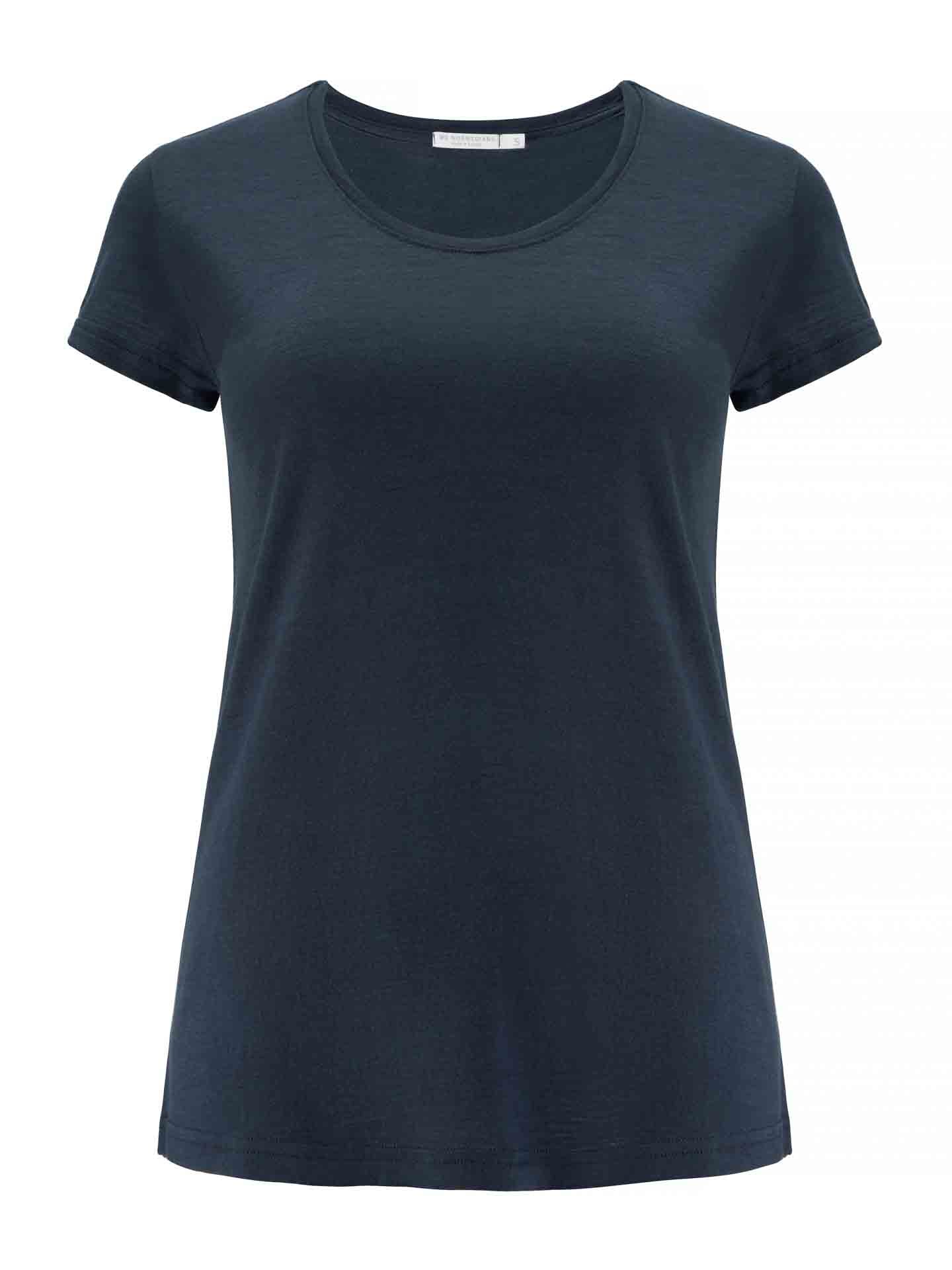 A plain, short-sleeved, dark navy blue merino wool T-shirt called the Base One Tee Women from We Norwegians features a round neckline. The luxurious T-shirt is displayed on a white background showing the front view and boasts a simple, clean design without any logos or graphics.