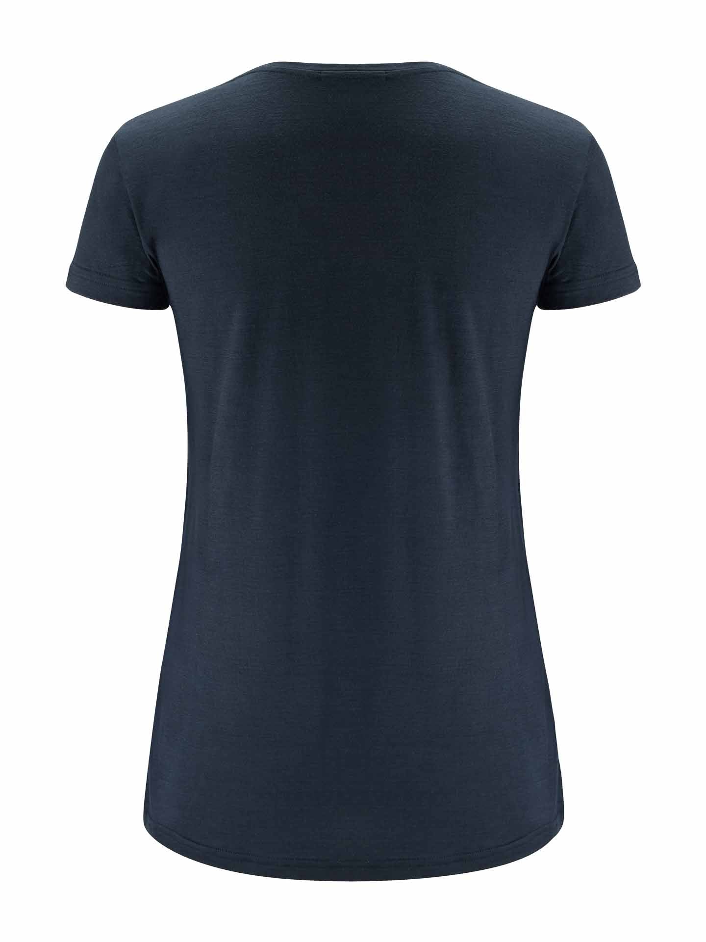 A plain, solid navy blue, short-sleeved luxurious T-shirt called the Base One Tee Women by We Norwegians is displayed on a white background. This T-shirt has a simple design with no visible logos, patterns, or decorations and is made from soft single jersey merino wool. The image shows the back view of the T-shirt.