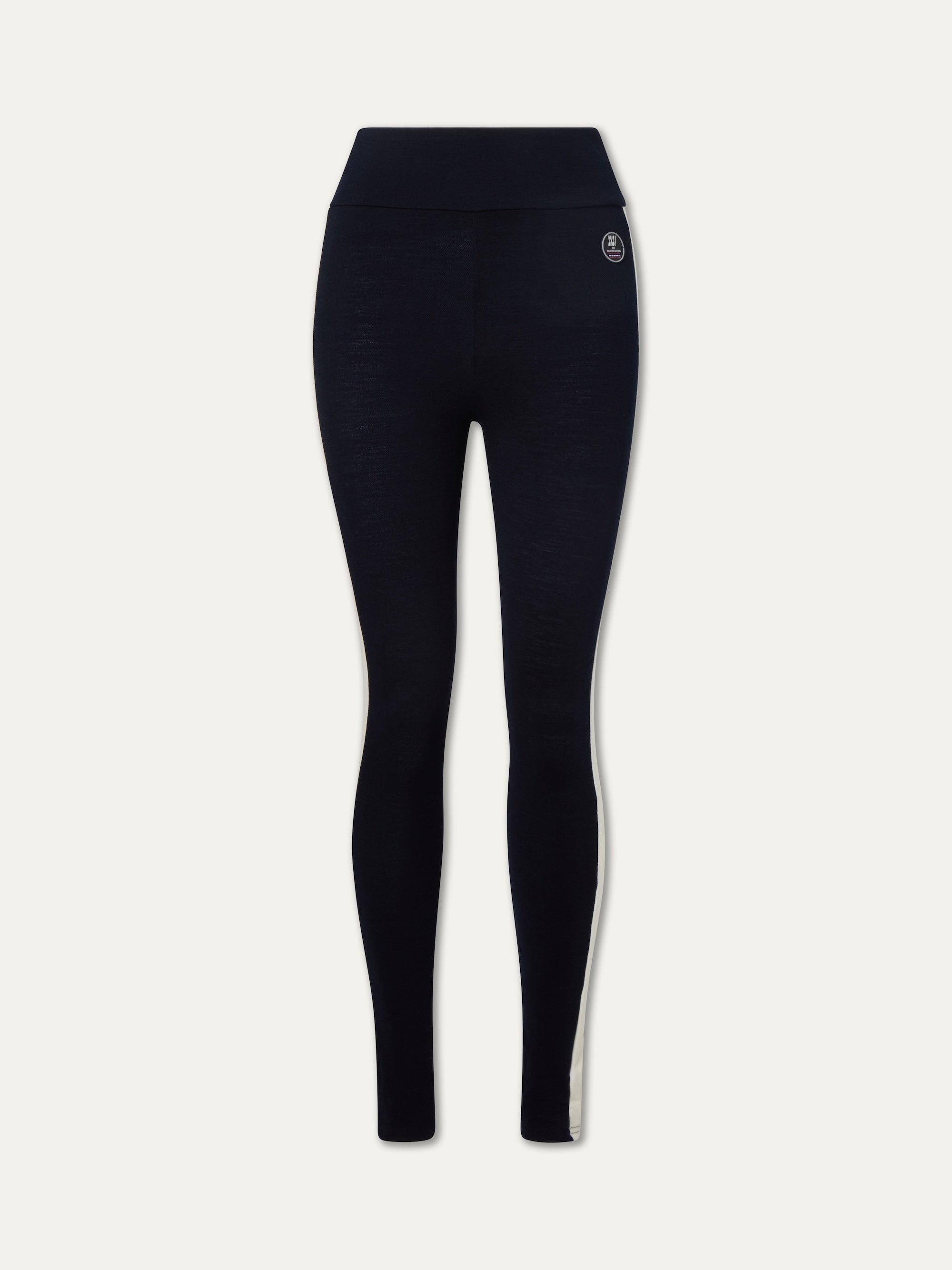 We Norwegians | FW25 | Womens Voss Leggings_Navy blue | A fine knitted pair of leggings with contrasting panels on the sides on an off-white background | A perfect base layer or work-out wear