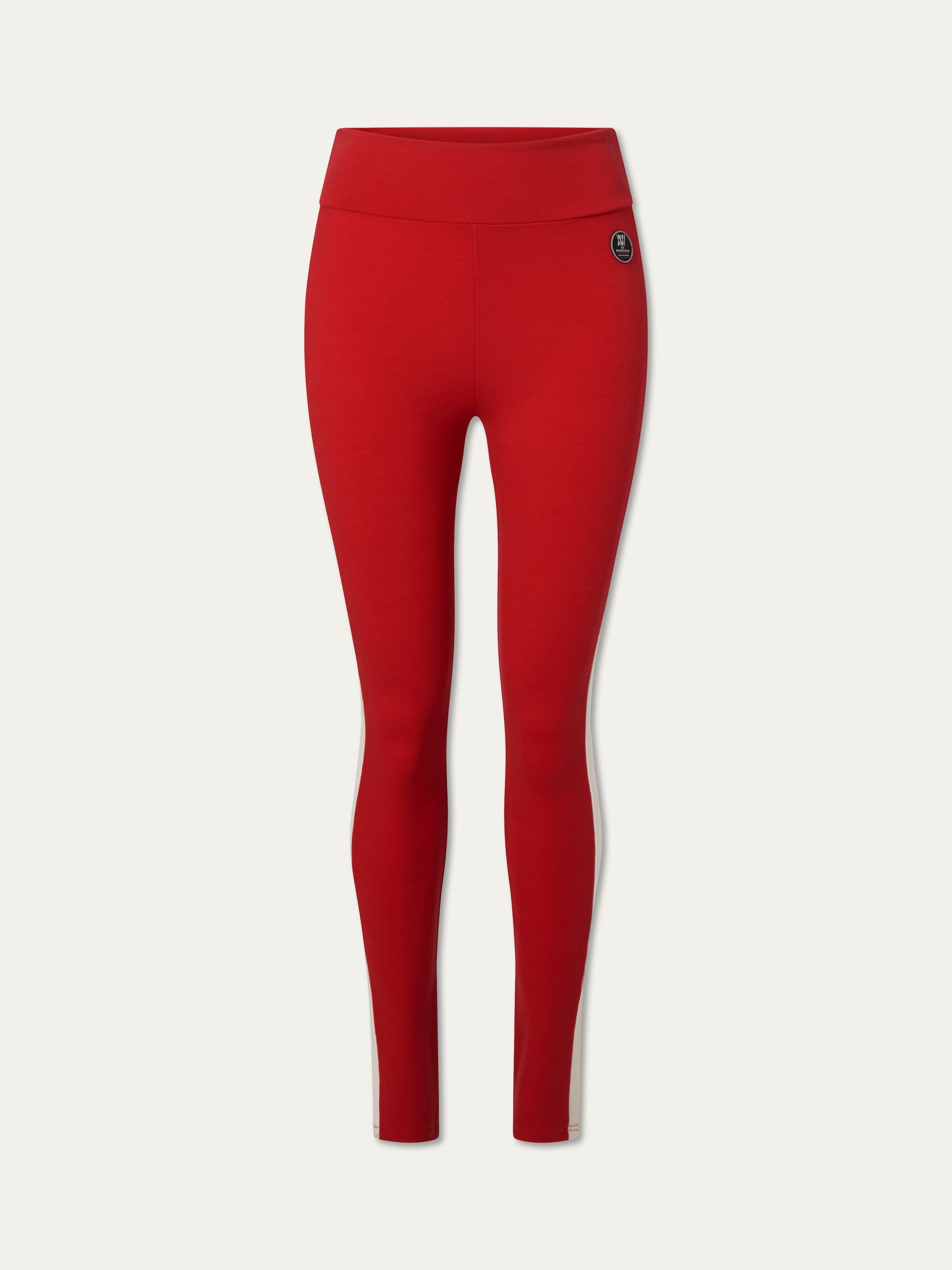 We Norwegians | FW25 | Womens Voss Leggings_Red | A fine knitted pair of leggings with contrasting panels on the sides on an off-white background | A perfect base layer or work-out wear