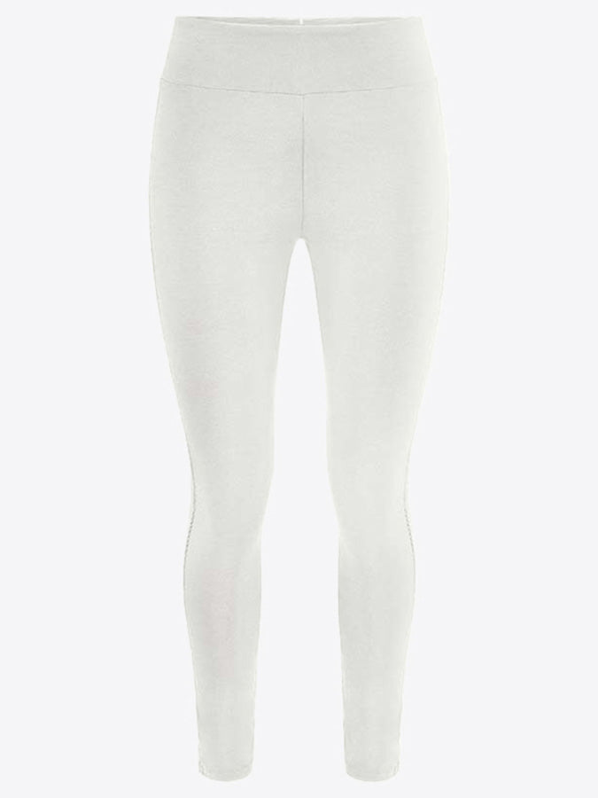 Displayed against a plain white background, the Sno Merino Leggings Women by We Norwegians showcase a light grey, high-waisted design. Crafted from breathable fabric, these leggings offer a smooth, fitted appearance with a simple design and no visible patterns or logos—perfect for those seeking Scandinavian Luxury base-layers.