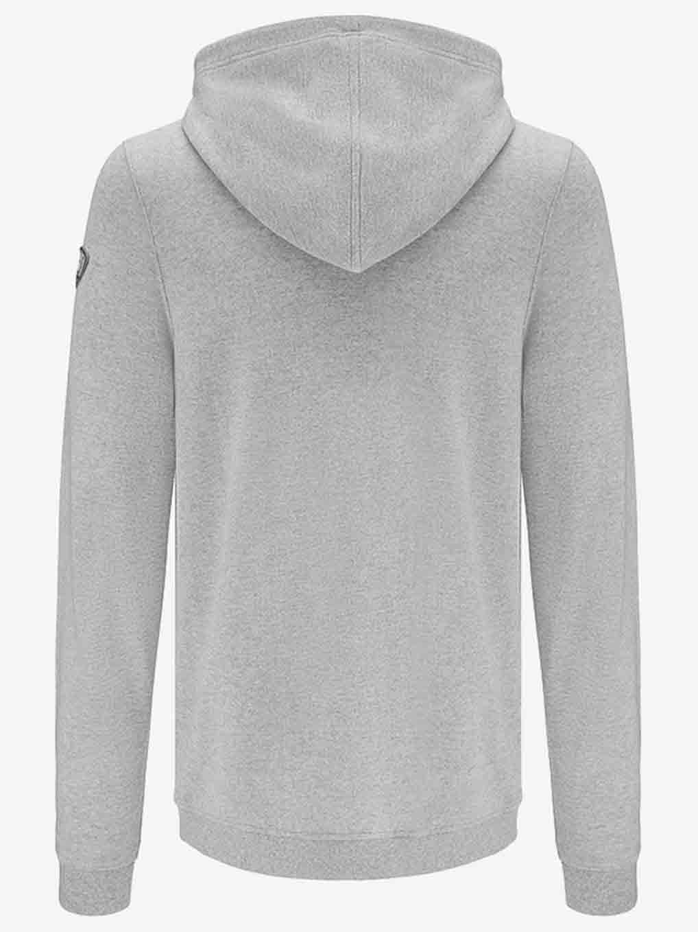 The Tind Hoodie Men by We Norwegians is showcased from the back in a plain, light grey color. It features long sleeves and a hood, with a small logo patch on the upper part of the right sleeve. Made from Italian Spun Superfine Merino, the fabric looks soft and comfortable.