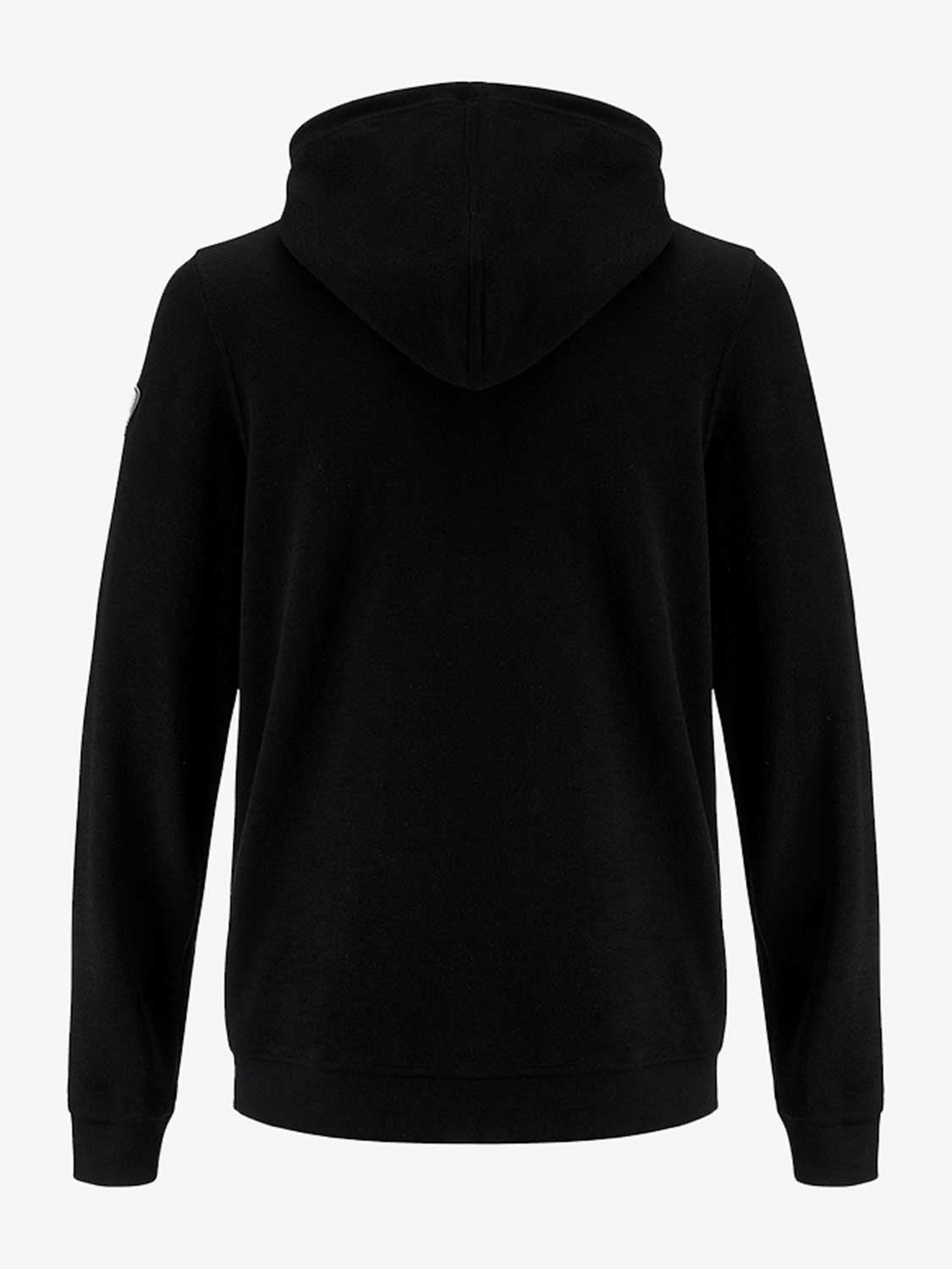 The Tind Hoodie Men Black by We Norwegians is displayed from the back. Made from superfine Merino, it features a simple design with a hood and ribbed cuffs at the sleeves and bottom. There is a small patch on the left sleeve. The breathable and antibacterial fabric promises comfort. The background is plain white.