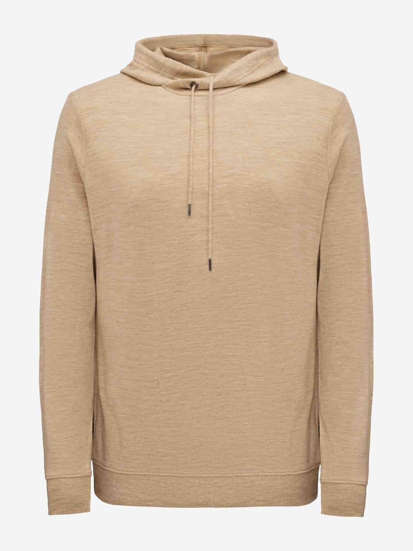 The Tind Hoodie Men Camel by We Norwegians is a beige, long-sleeved hoodie with a drawstring hood and a relaxed fit. Crafted from breathable and antibacterial Superfine Merino Italian Yarn, it boasts a simple, minimalist design without any visible logos or patterns. It is displayed on a plain white background.