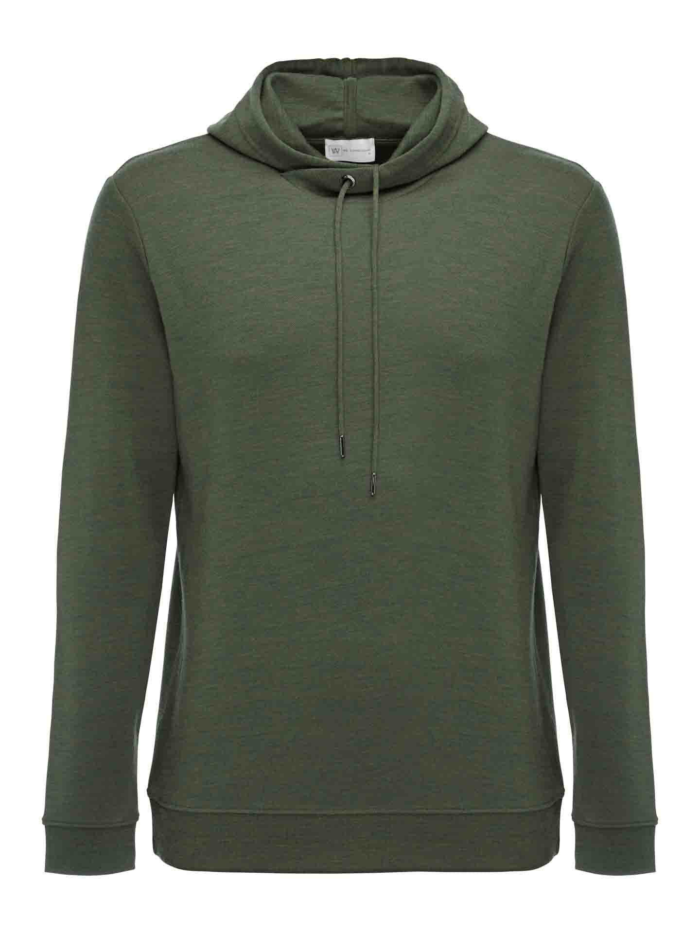 A We Norwegians Tind Hoodie Men in Olive Green with a drawstring hood, long sleeves, and a front kangaroo pocket. This hoodie is made from slightly textured Italian yarn fabric and provides a comfortable, casual fit.