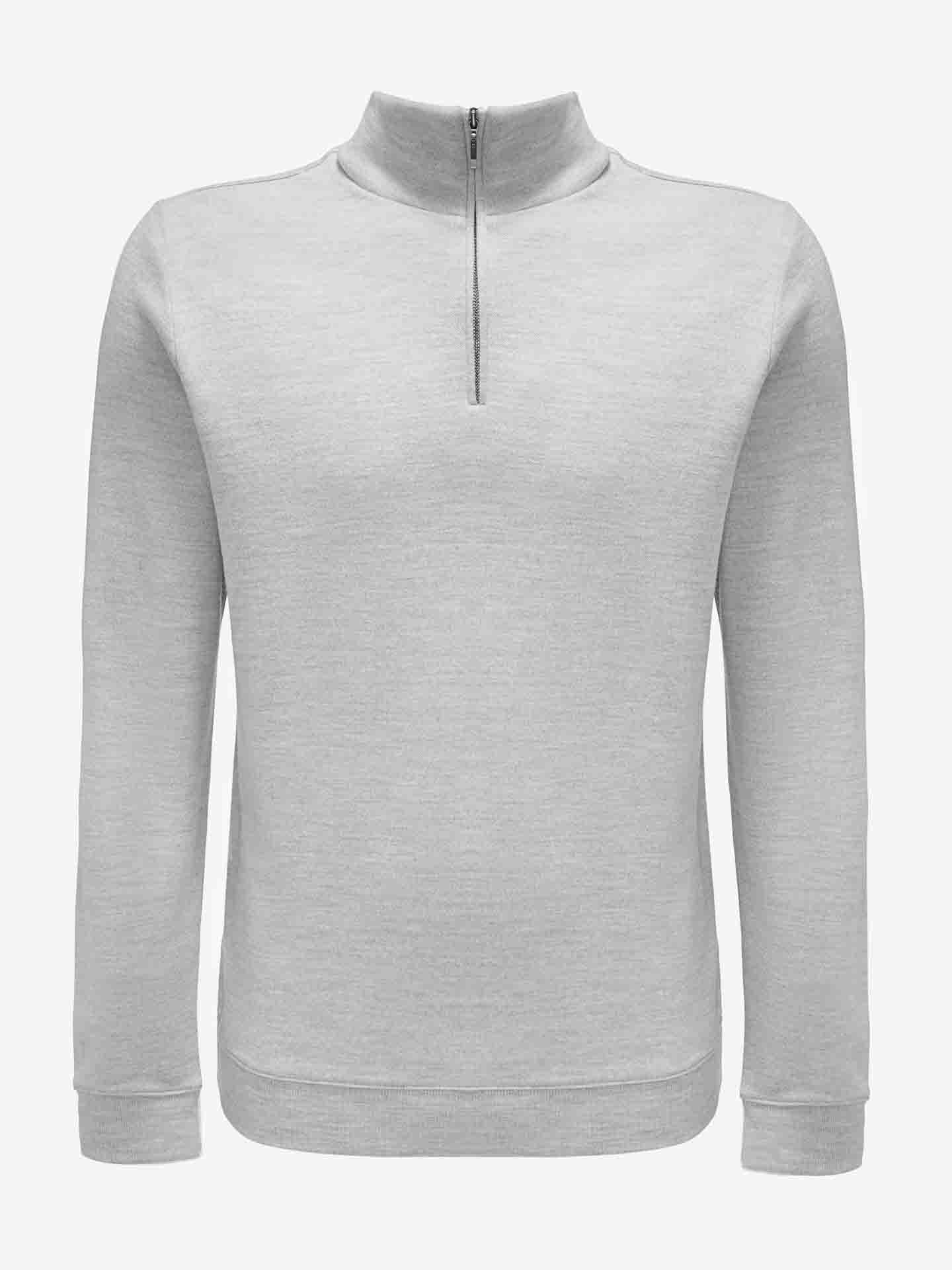 The Tind 1/4 Zip Sweater Men Grey Melange by We Norwegians features a long-sleeve, high neck collar design crafted from superfine Merino Italian yarn. This simple and minimalist pullover is perfect for casual wear, offering a luxuriously soft and comfortable feel. The sweater is showcased on a plain white background.