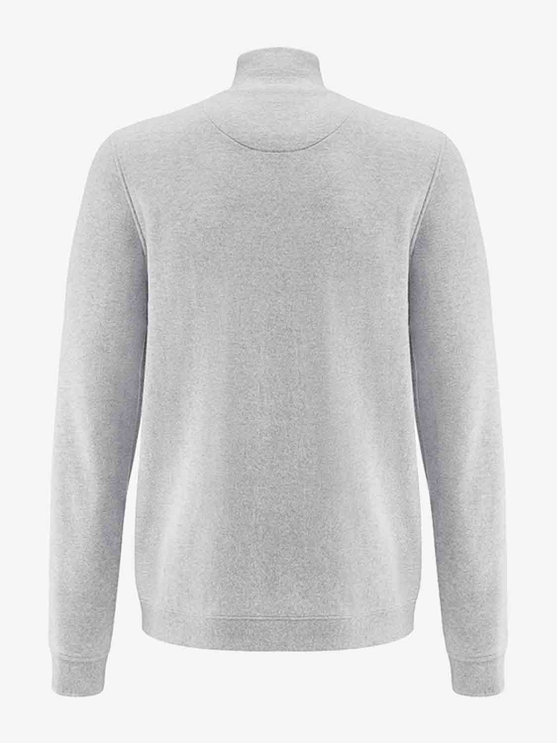 A back view of a We Norwegians Tind 1/4 Zip Sweater Men in Grey Melange on a plain white background. Crafted from fine Italian yarn, the sweater features a simple, minimalist design with ribbed knit collar, cuffs, and hem.