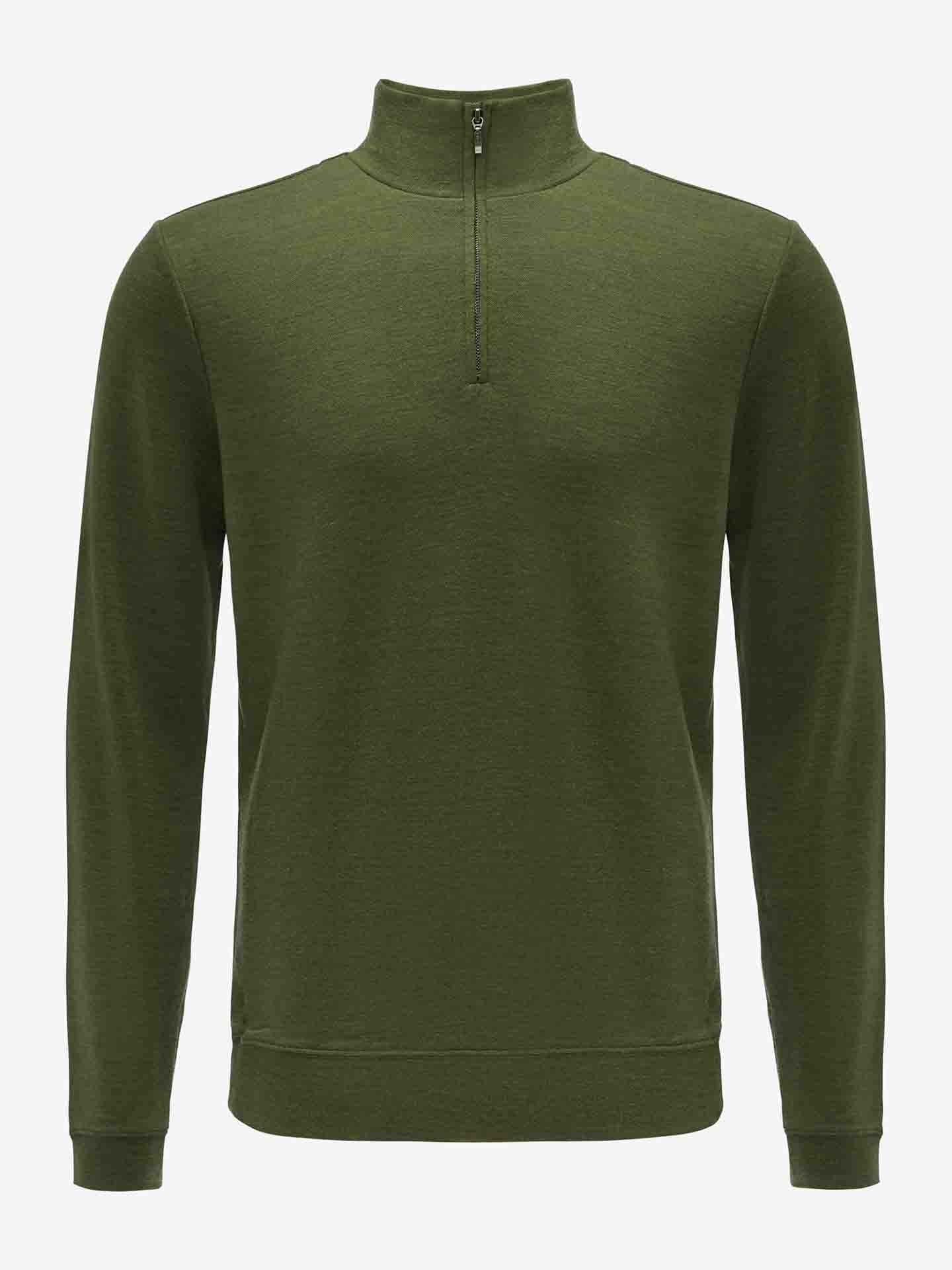 The Tind 1/4 Zip Sweater Men in Olive Green by We Norwegians features a quarter-zip YKK zipper at the front, a high collar for added warmth, and a clean, minimalist design. Crafted from soft, structured jacquard knit fabric, this green long-sleeve pullover is perfect for casual wear.