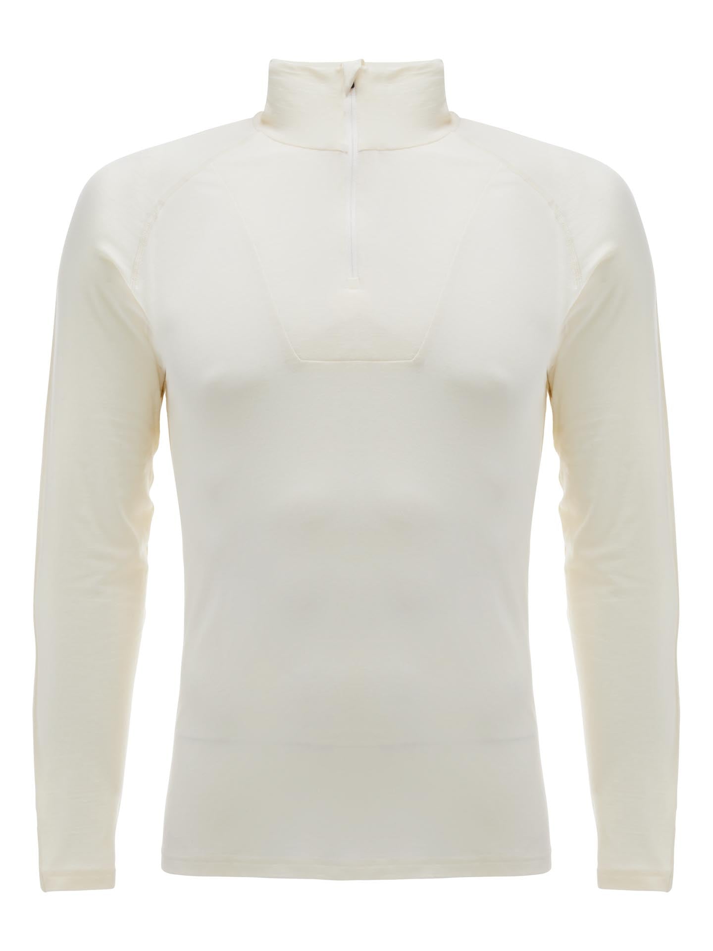 Introducing the Sno Merino Zip Up Men by We Norwegians: a white long-sleeve athletic top featuring a high collar and half-zip design. Made from breathable merino wool, the fabric is smooth and fitted, ideal for both sports and casual wear. The zipper extends from the chest to the collar, allowing for adjustable ventilation while offering Scandinavian luxury base-layer appeal.