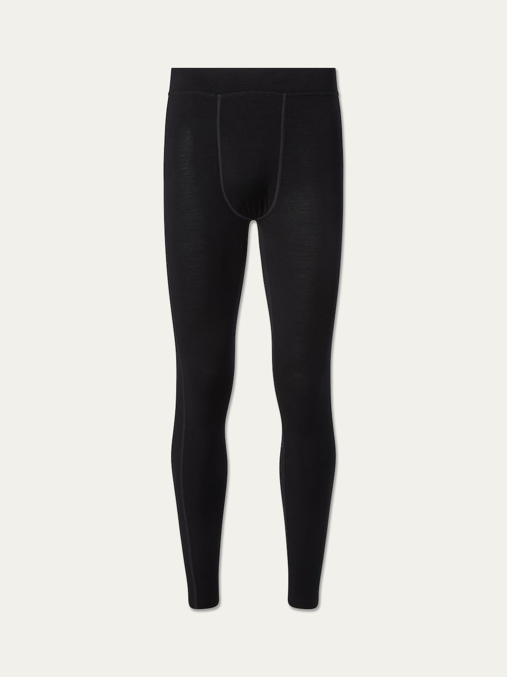 Sno Merino Long Johns Bottoms Men by We Norwegians shown on a white background. These black, breathable base layer pants feature a fitted design, front pouch, and ankle-length legs—perfect for cold weather layering.