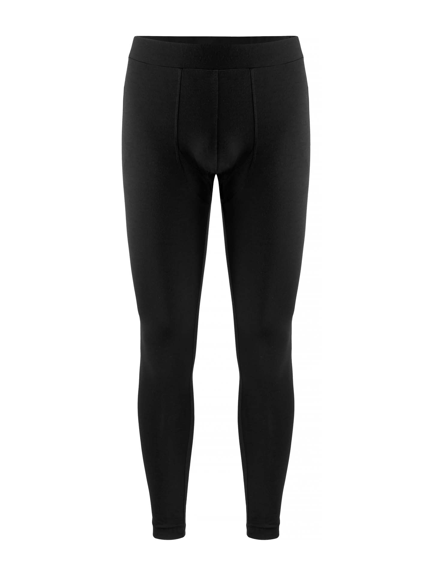 The Sno Merino Long Johns Bottoms for Men by We Norwegians are displayed. These black, full-length, form-fitting leggings feature an elastic waistband and a seamless design. Made from Merino wool, they are breathable and odor resistant. The garment is shown against a plain white background.