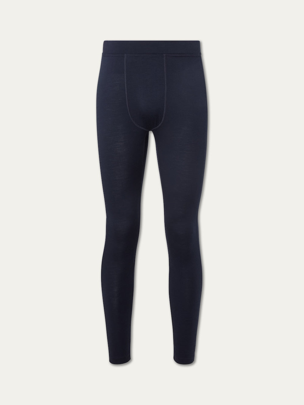 Sno Merino Long Johns Bottoms Men by We Norwegians shown in navy blue on a white background, front view highlights fitted design and seams—perfect breathable base layer for Scandinavian luxury.