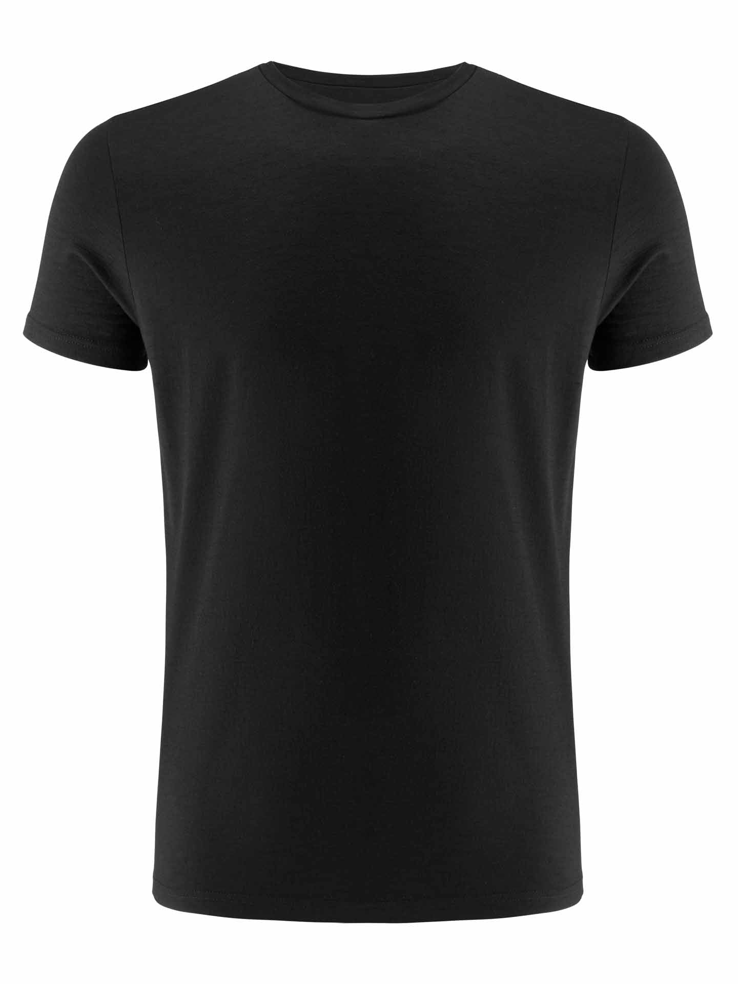 The Sno Merino Tee Men by We Norwegians is displayed against a white background. This plain black short-sleeved T-shirt, made from premium merino wool, features a crew neckline and a regular fit, with no visible logos or designs. The image shows only the front view of this Scandinavian luxury base-layer.