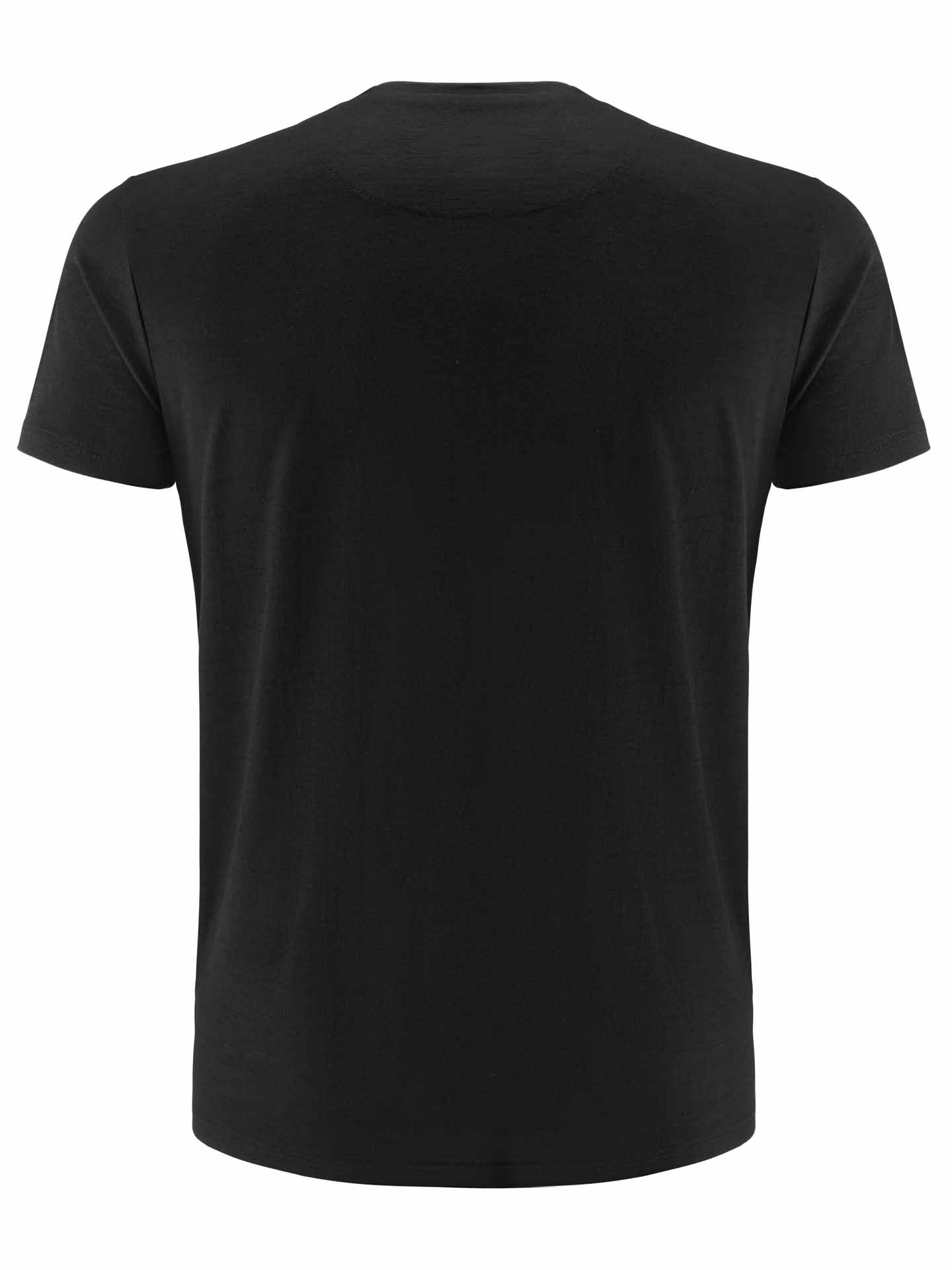 The Sno Merino Tee Men by We Norwegians is a plain black t-shirt featuring short sleeves and a crew neckline, displayed from the back. Made from luxurious merino wool, the fabric appears smooth and provides a regular fit. It has no logos, designs, or patterns visible.