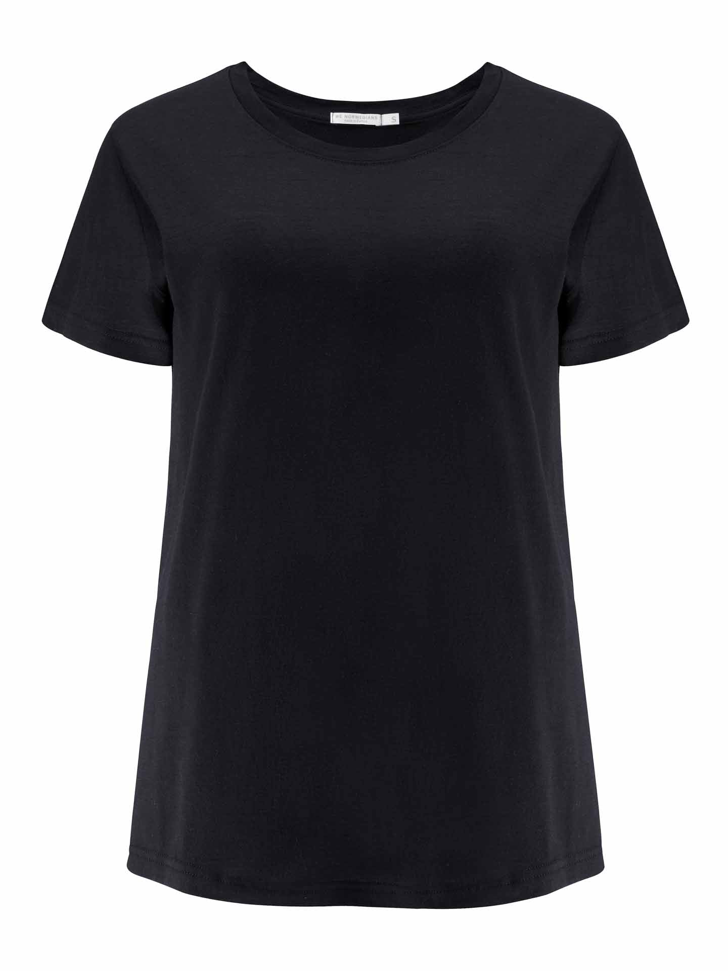 The We Norwegians Base One Favorite Tee for Women is a plain black short-sleeve T-shirt featuring a crew neckline. Displayed against a white background, it highlights its simple and classic design with no visible logos or patterns. This boxy fit tee is crafted from soft, breathable merino wool for ultimate comfort.