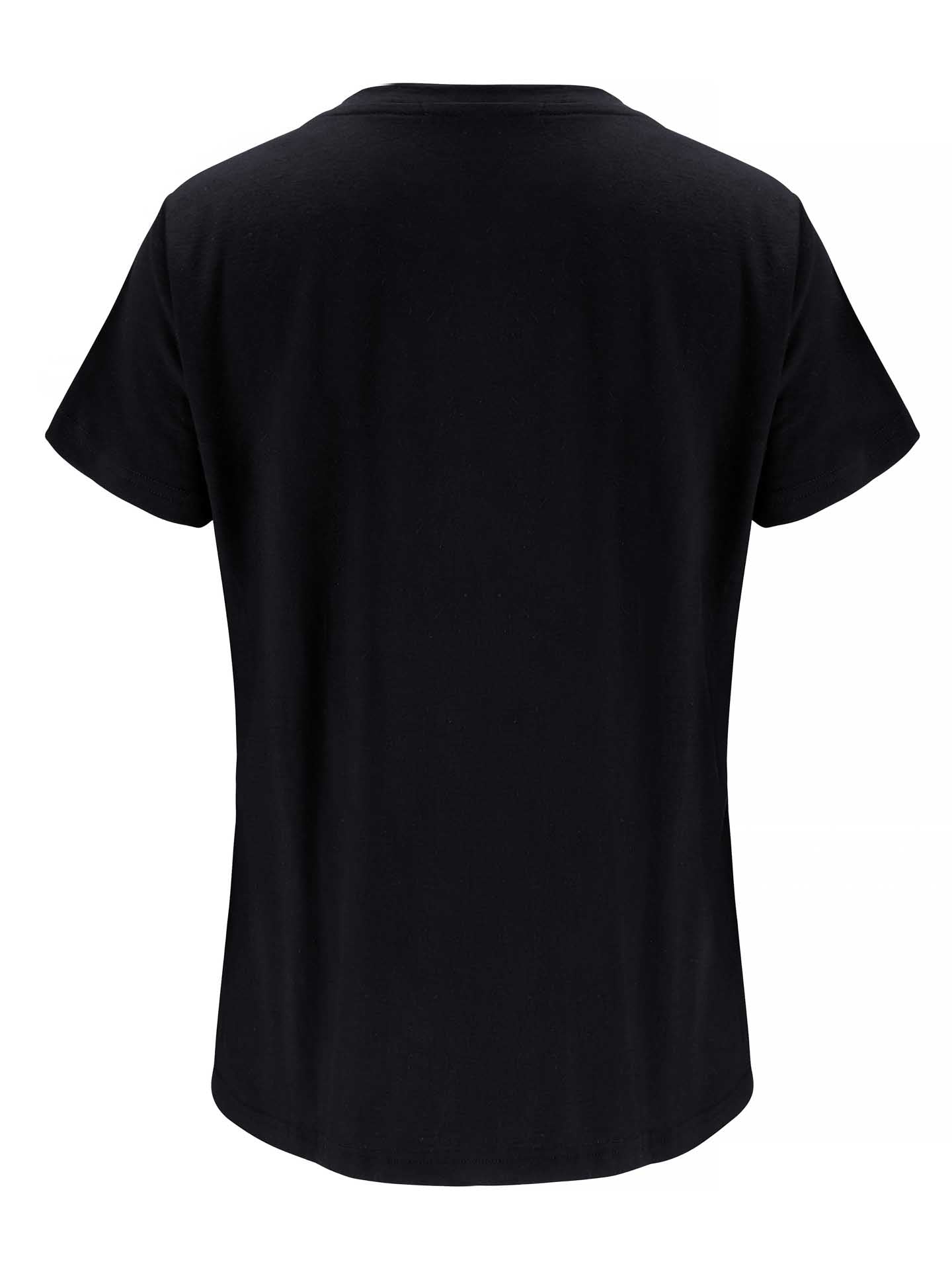 A black short-sleeve t-shirt displayed on a plain white background. The t-shirt is viewed from the back, showcasing a simple and classic design with no visible logos, graphics, or text. The Base One Favorite Tee Women by We Norwegians features merino wool fabric that appears smooth and slightly fitted for ultimate comfort.