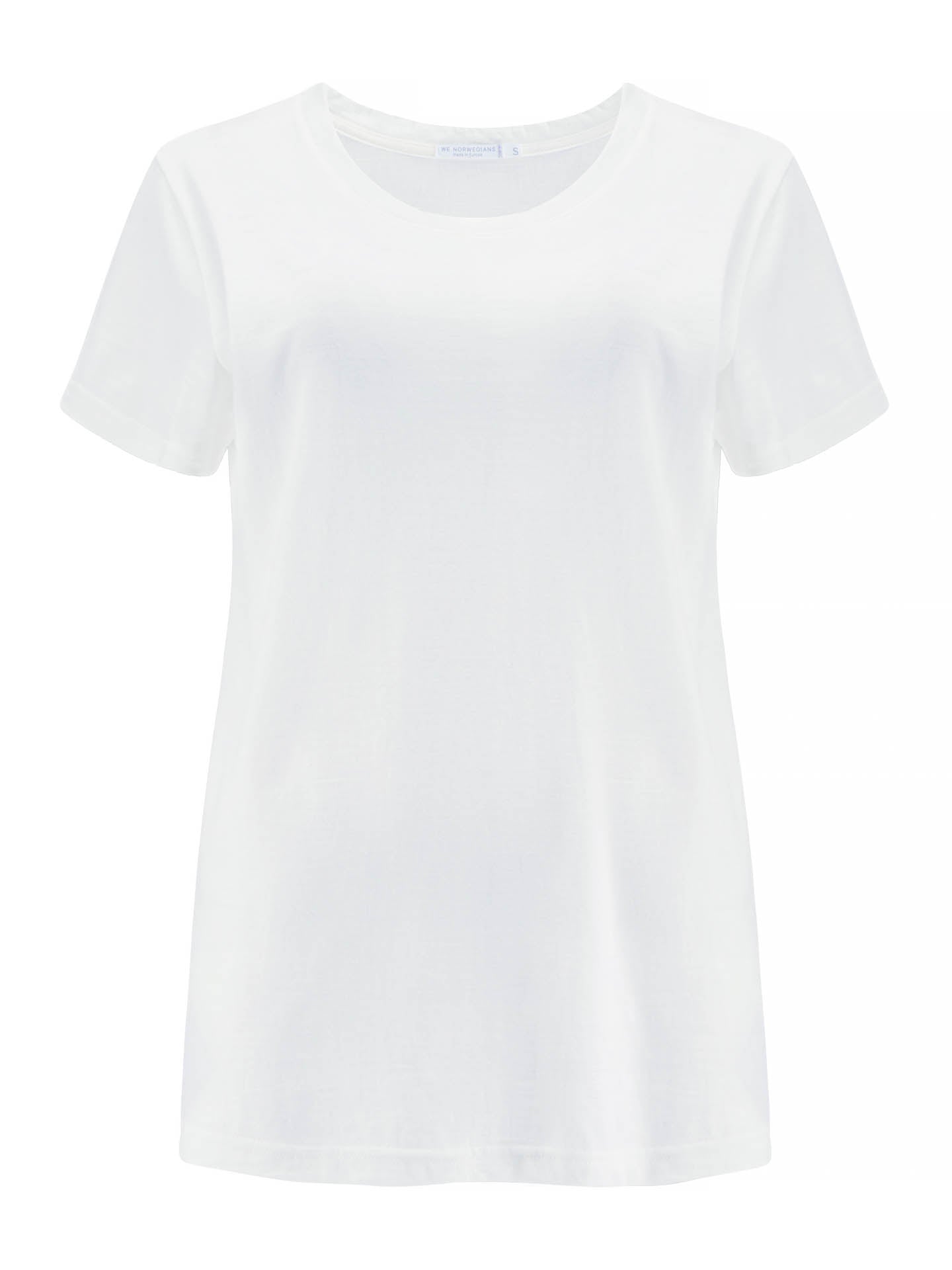 A plain white short-sleeve t-shirt displayed on a white background. The shirt has a round neckline and is made from soft, lightweight merino wool. With its boxy fit, the Base One Favorite Tee Women by We Norwegians offers both comfort and style. There are no designs, logos, or additional features visible on the t-shirt.