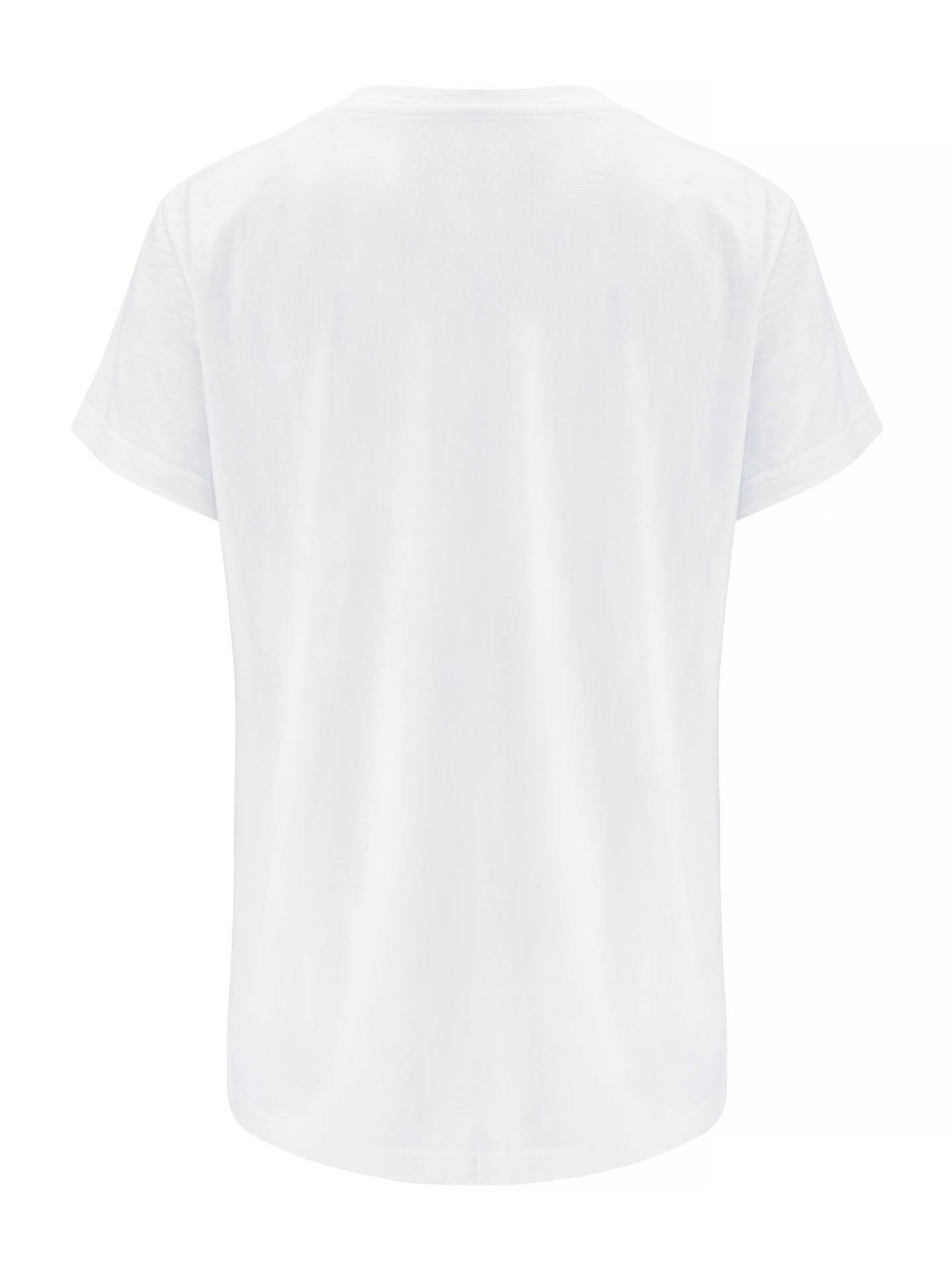 A plain white short-sleeved Base One Favorite Tee Women by We Norwegians is shown from the back. The T-shirt, made of soft merino wool, has a simple, classic design with no visible logos, patterns, or embellishments and features a comfortable boxy fit.