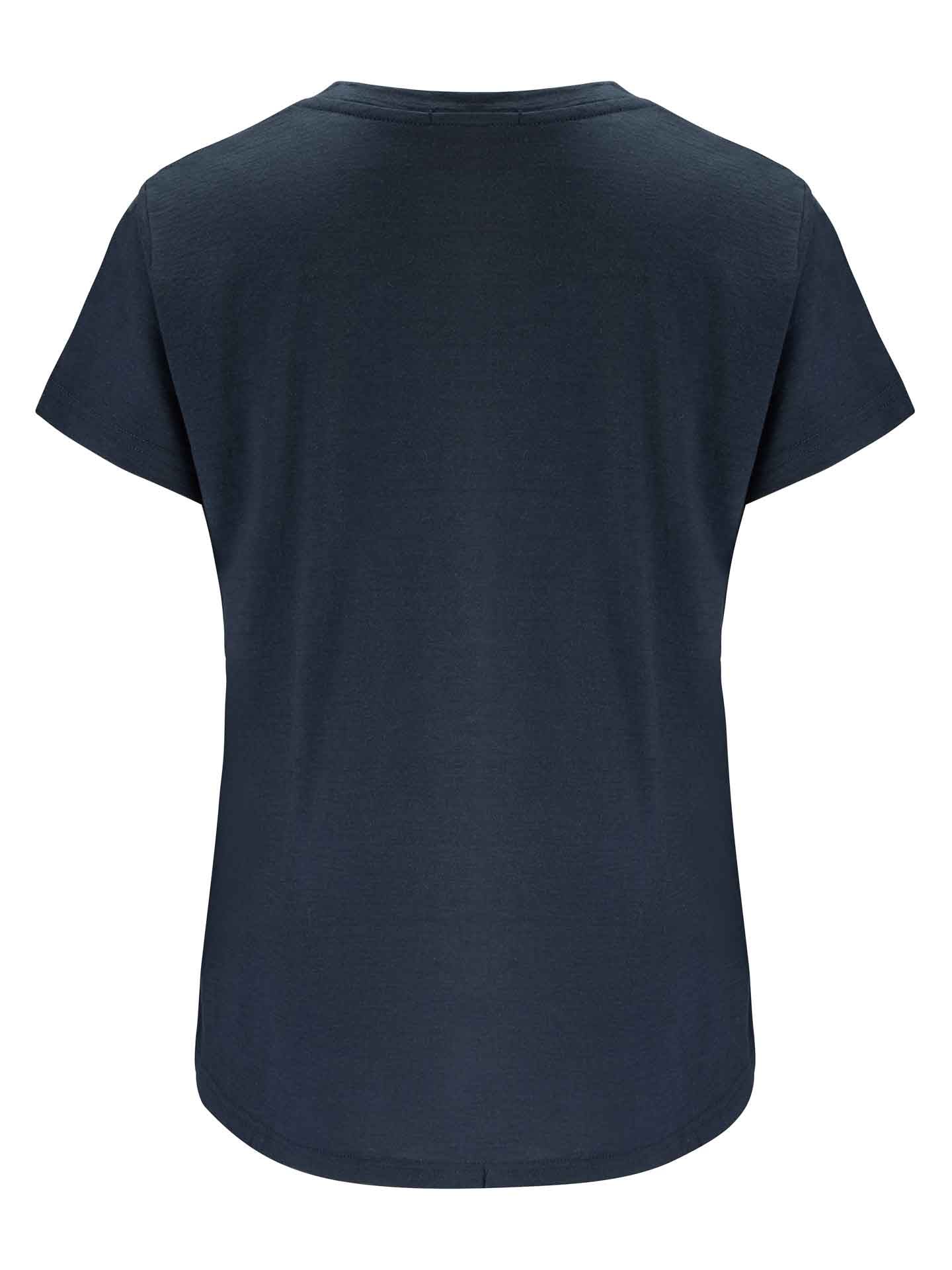 Back view of a plain, short-sleeved, dark navy blue T-shirt. The We Norwegians Base One Favorite Tee Women features a simple and classic design with a round neckline and regular fit. The fabric appears smooth and comfortable—perfect for casual wear.