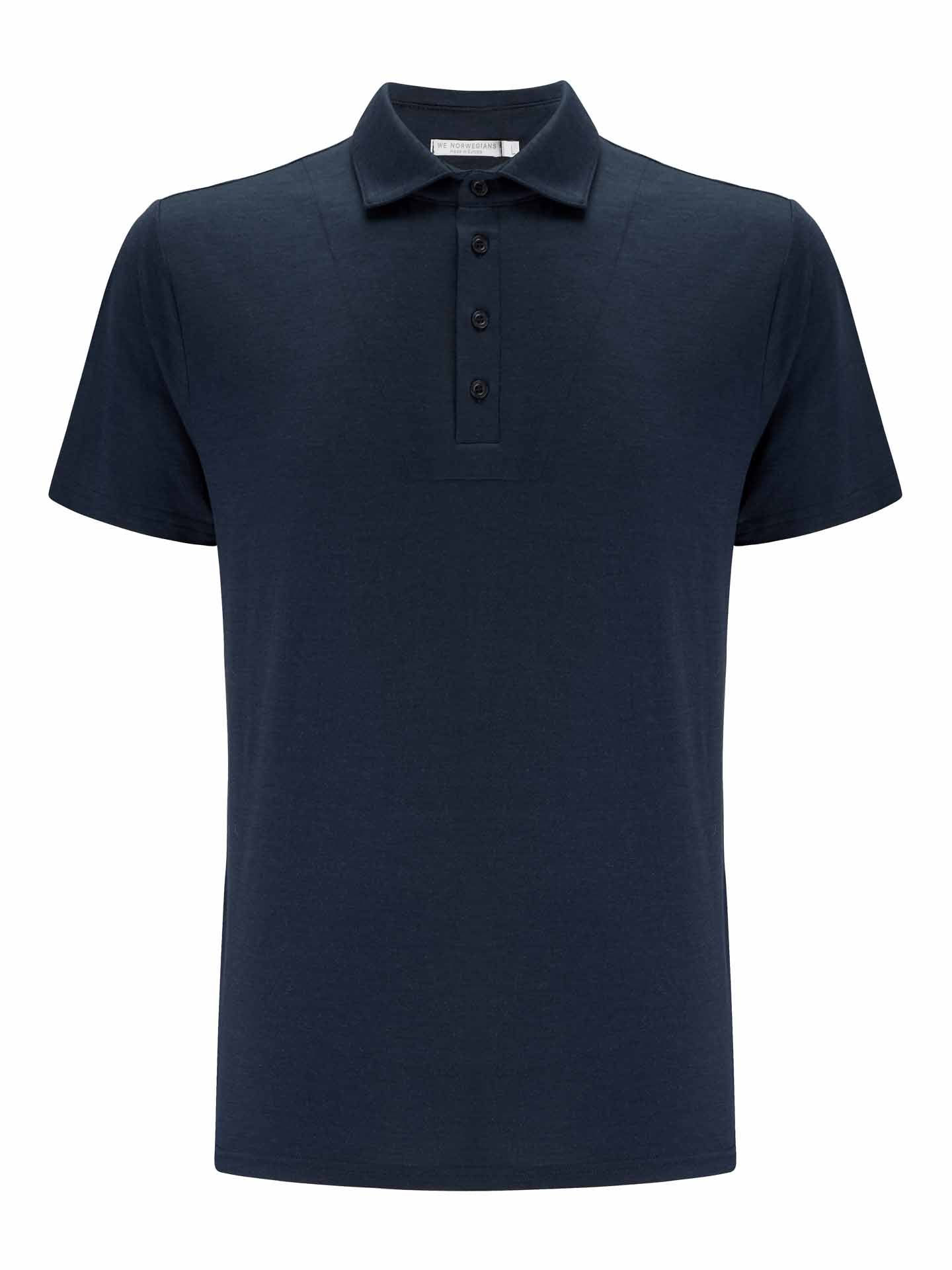 A navy blue Base One Polo for men by We Norwegians, featuring short sleeves, a three-button placket, and ribbed collar and cuffs. The lightweight fabric has a slight texture, offering a casual yet polished appearance. Crafted from super fine merino wool, the shirt is showcased against a white background.