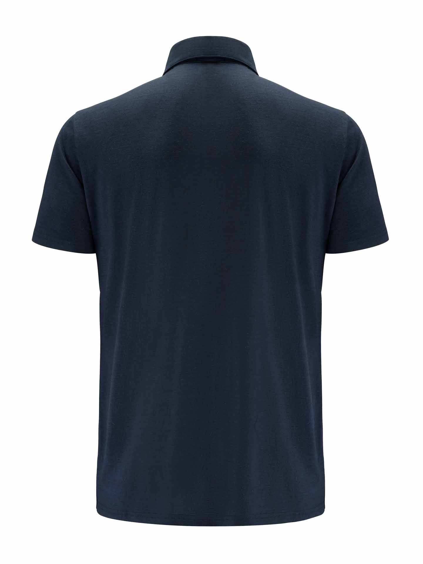 The Base One Polo Men Navy Blue from We Norwegians is shown from the back. Made from super fine merino wool, it features a fold-over collar and a straight hem. The fabric appears to be soft and slightly textured.