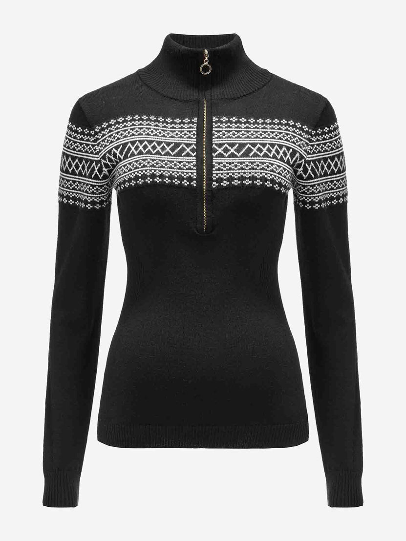 The Signature Zip Up Women by We Norwegians is a black and white sweater with long sleeves and a high collar. Crafted from washable merino yarn, it features a traditional Setesdal pattern across the shoulders and upper chest, complemented by a half-zip front with an O-ring zipper pull. The sweater has a fitted silhouette for a body-hugging fit.