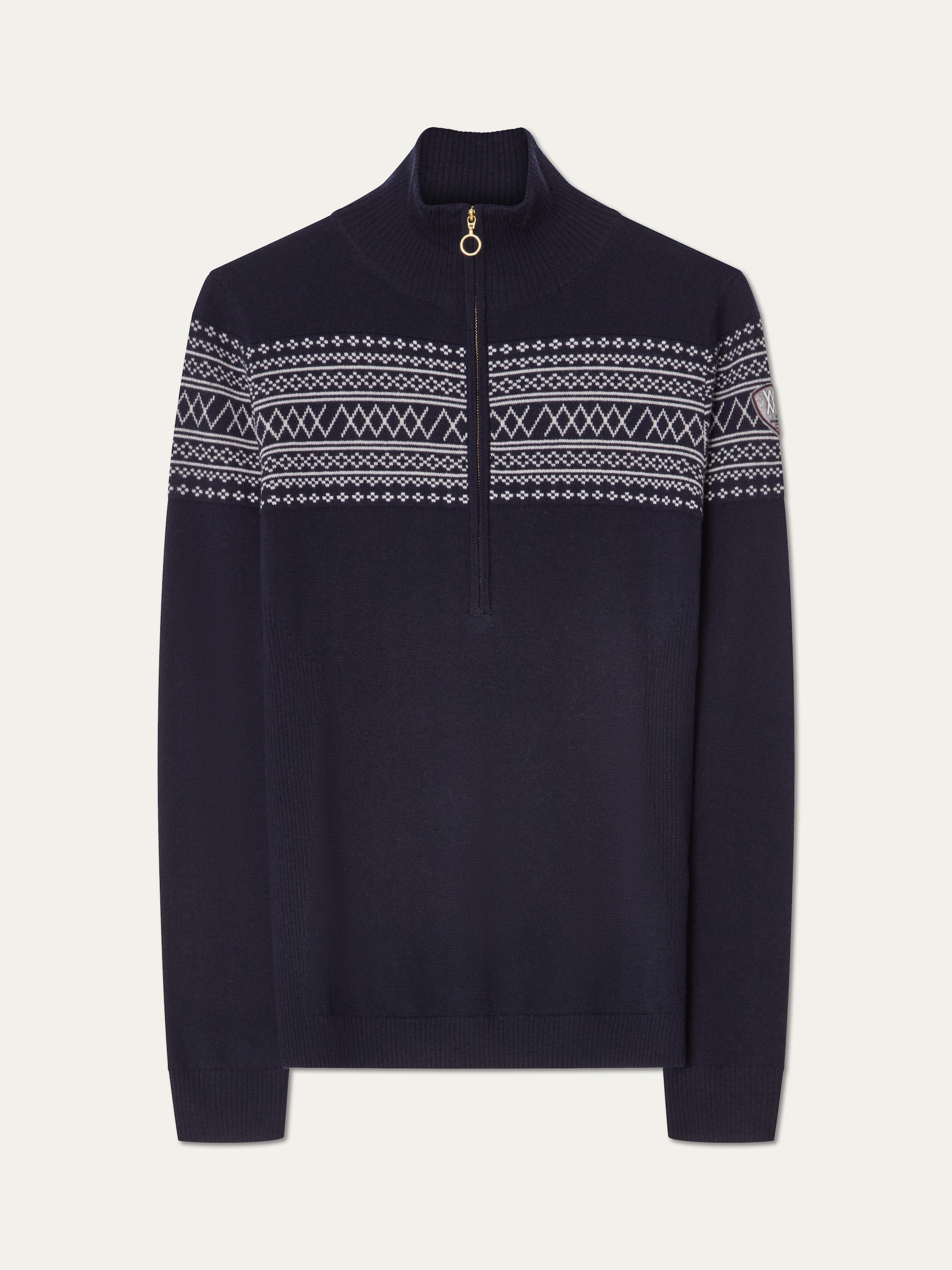 The We Norwegians Signature Zip Up Women is a navy blue pullover sweater with a half-zip front and white and light blue Setesdal pattern, made from washable merino yarn for comfort and easy care.