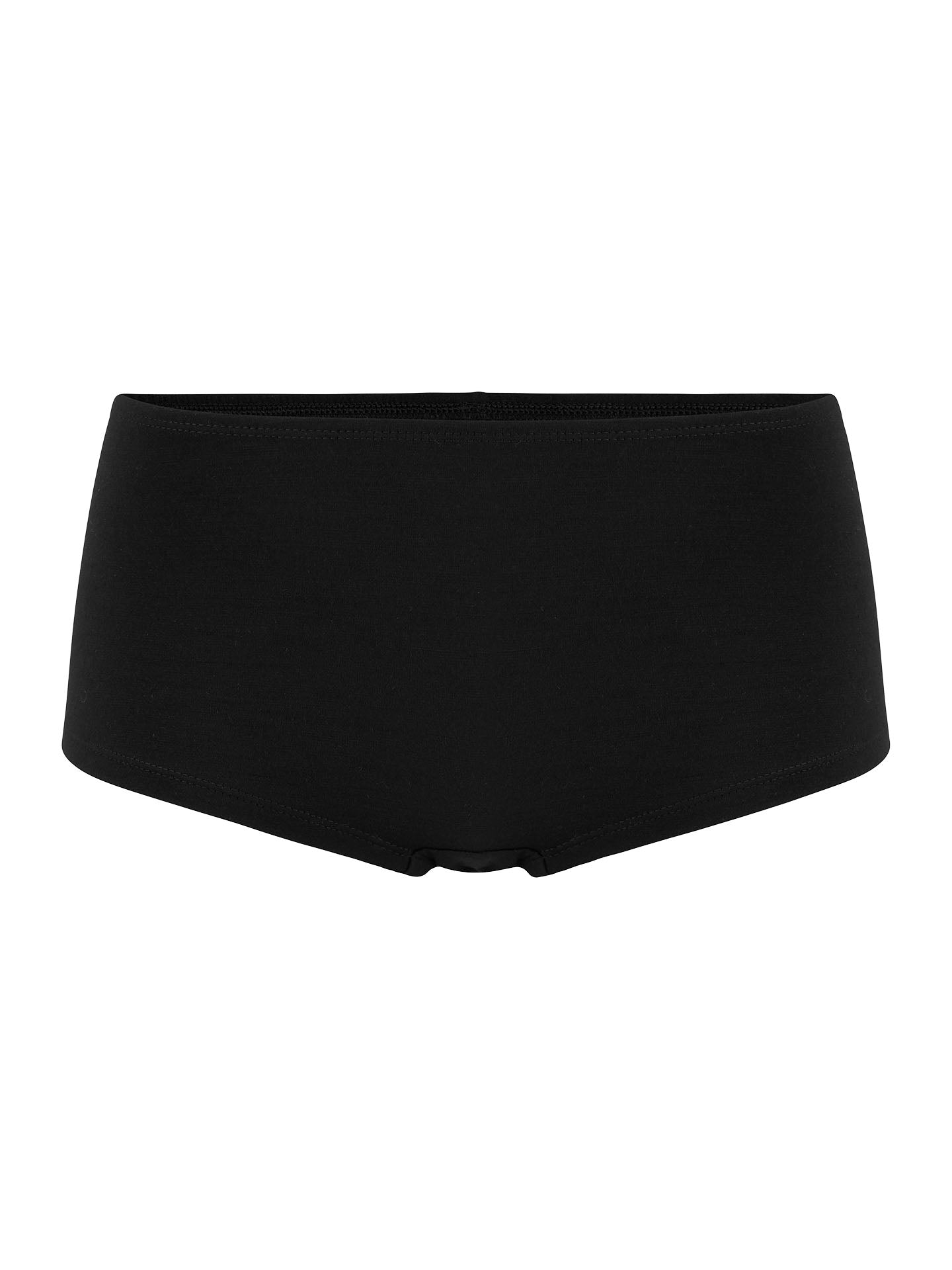 An image showing the *Sno Merino Hipster Women* by *We Norwegians* features a pair of plain black women's underwear with a high-waisted, full-coverage design. The breathable fabric looks smooth and stretchy, devoid of any visible patterns or logos. The front includes a subtle seam detail at the bottom center. Ideal for enthusiasts of Scandinavian Luxury base-layers.