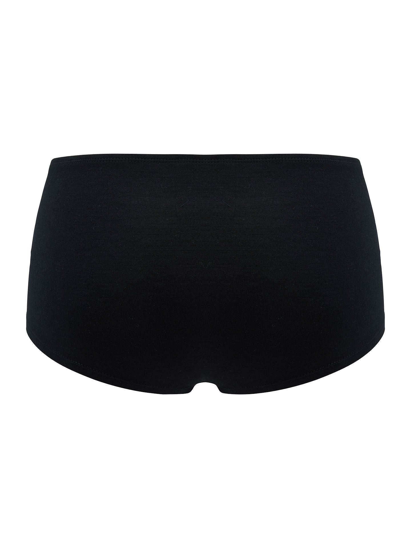 A black high-waisted pair of women's underwear viewed from the back, crafted from breathable fabric. The smooth material embodies Scandinavian luxury base-layers with no visible patterns or designs, perfect for an elegant and comfortable fit.