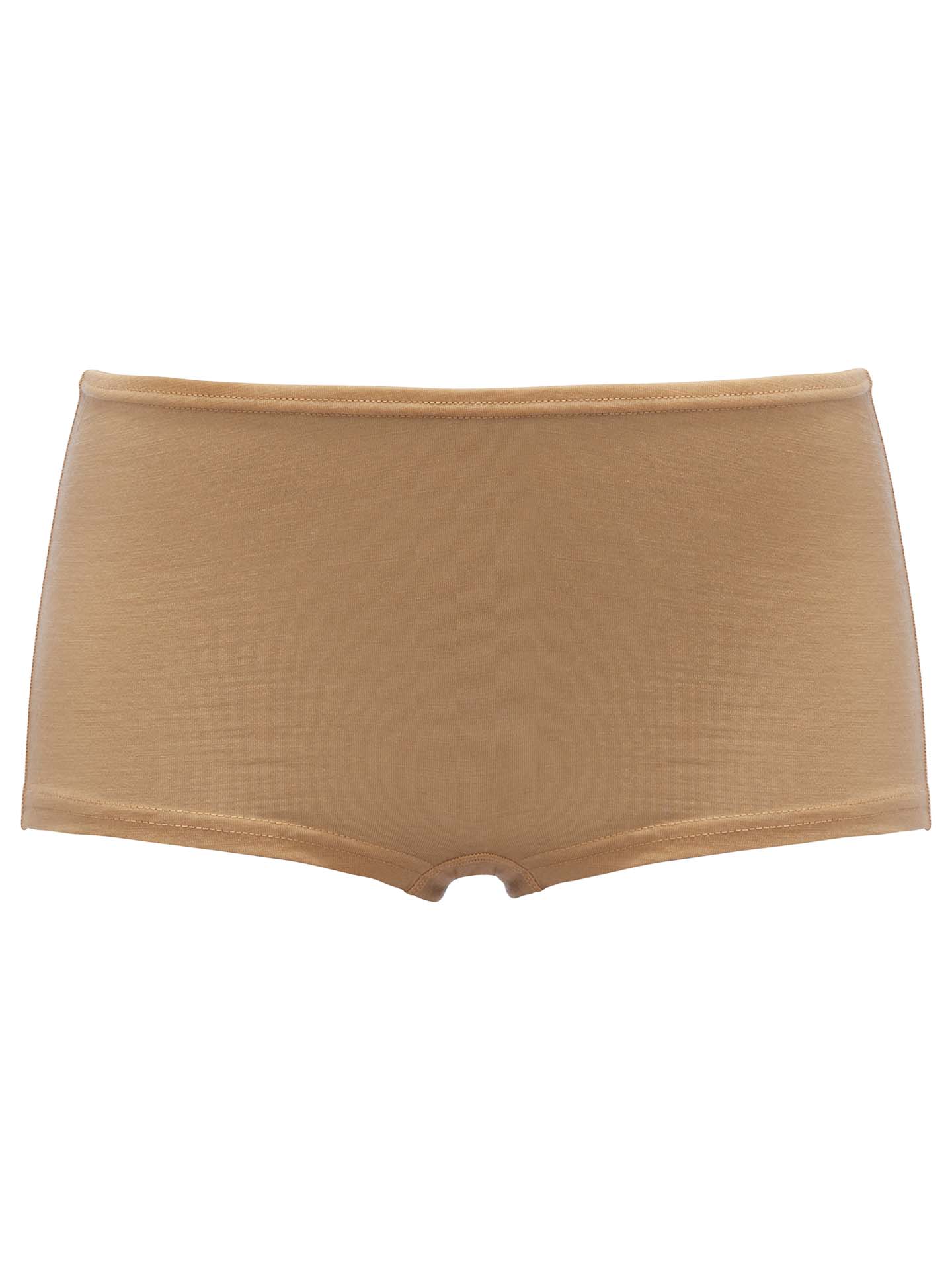 A pair of Sno Merino Hipster Women’s underwear by We Norwegians in a beige color, featuring a simple, seamless design. Made from breathable fabric, the material is smooth and stretchy, offering full coverage. The underwear is laid flat and shown from the front.