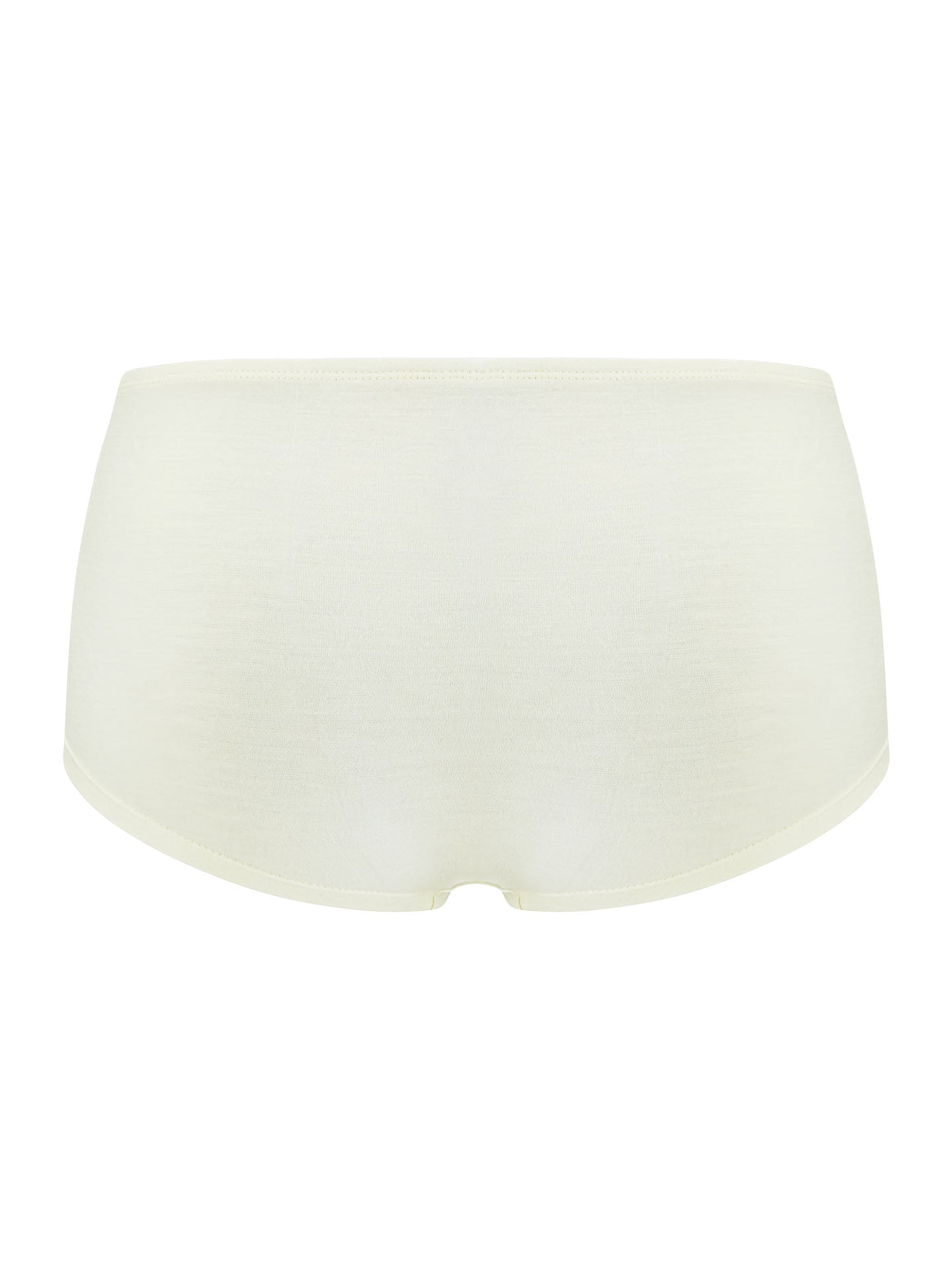 The Sno Merino Hipster Women from We Norwegians is displayed. This pair of light cream-colored, high-waist women's underwear is crafted from super fine merino wool and features a seamless design with a smooth texture. The back side of the garment is visible, showing full coverage and a plain, unadorned surface.