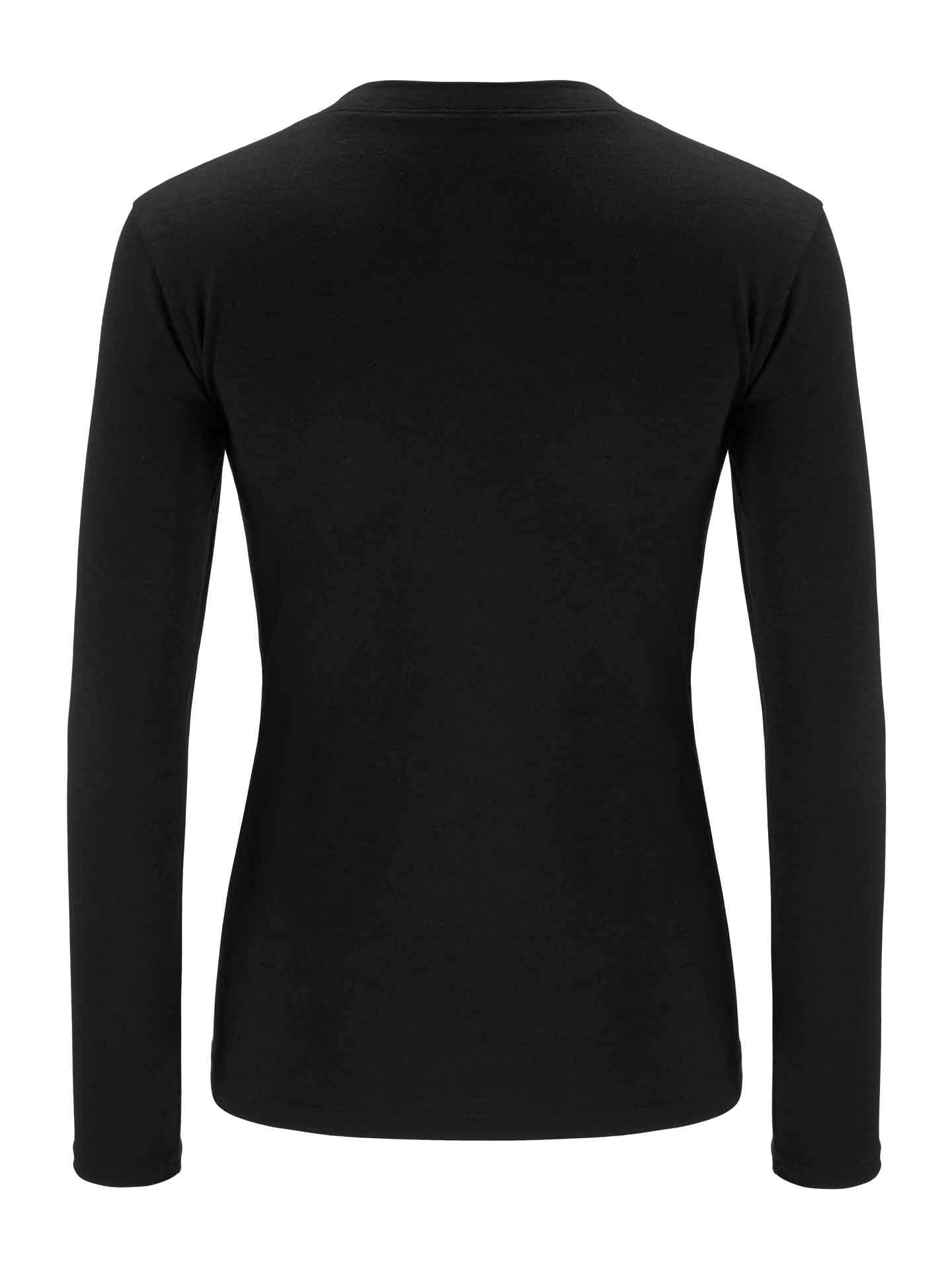 A plain black Sno Merino Crewneck Shirt for Women by We Norwegians, crafted from super fine merino wool, is displayed against a white background. The shirt is shown from the back, highlighting its smooth and simple design with a round neckline and fitted cut. No additional details or embellishments are visible, embodying Scandinavian Luxury base-layers.