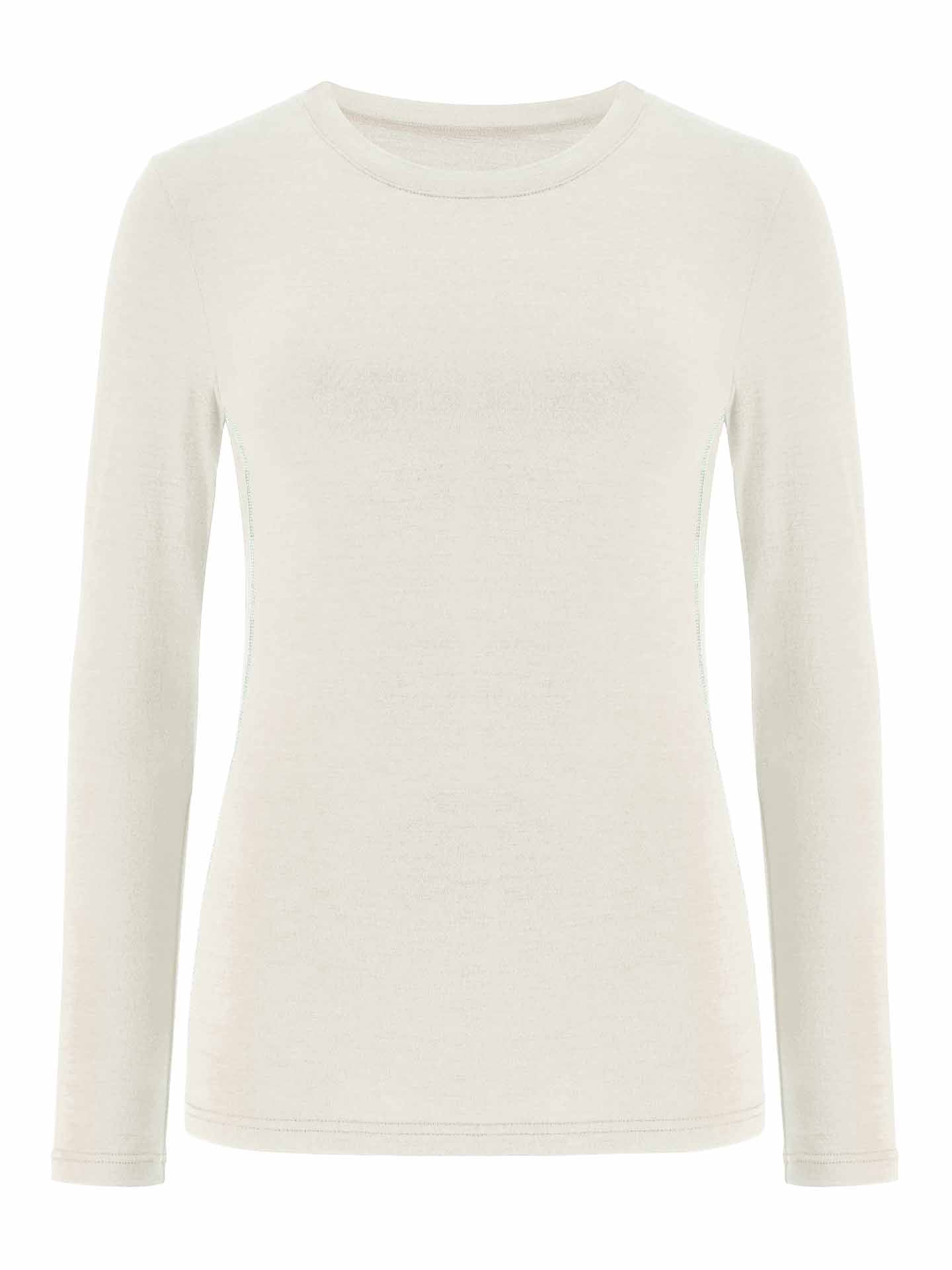 The Sno Merino Crewneck for Women by We Norwegians is a plain, off-white, long-sleeve shirt featuring a crew neckline. Made from super fine merino wool, this shirt showcases a simple, minimalist design without any visible logos or patterns, embodying Scandinavian Luxury base-layers. It is photographed against a white background.