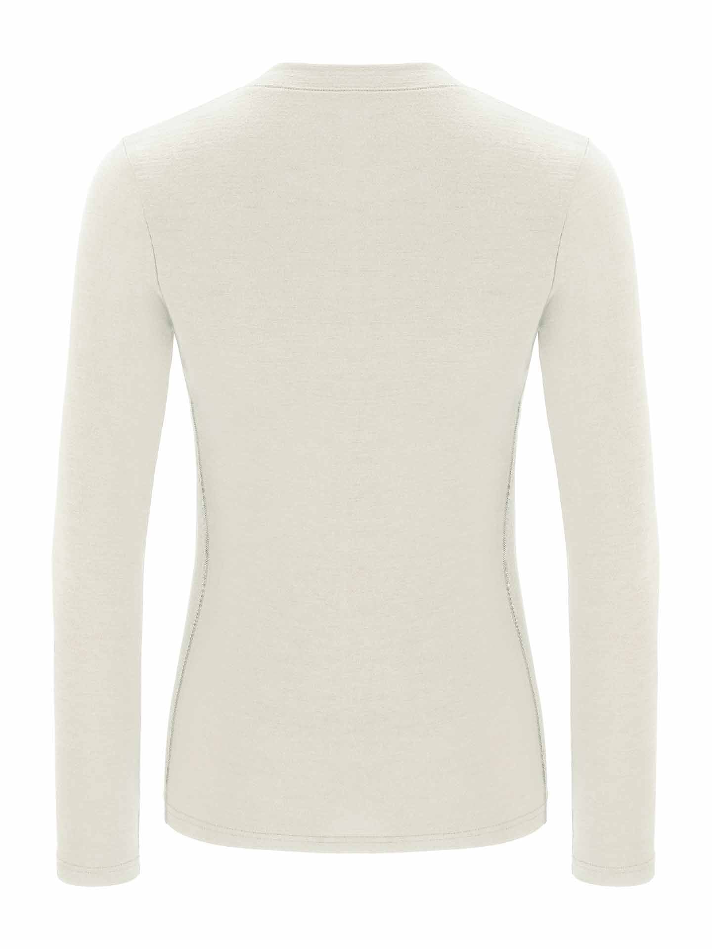 Back view of the Sno Merino Crewneck for Women by We Norwegians, showcasing its plain, long-sleeve, light beige design. Crafted from super fine merino wool, this shirt features a simple, fitted silhouette with no visible embellishments, logos, or patterns.