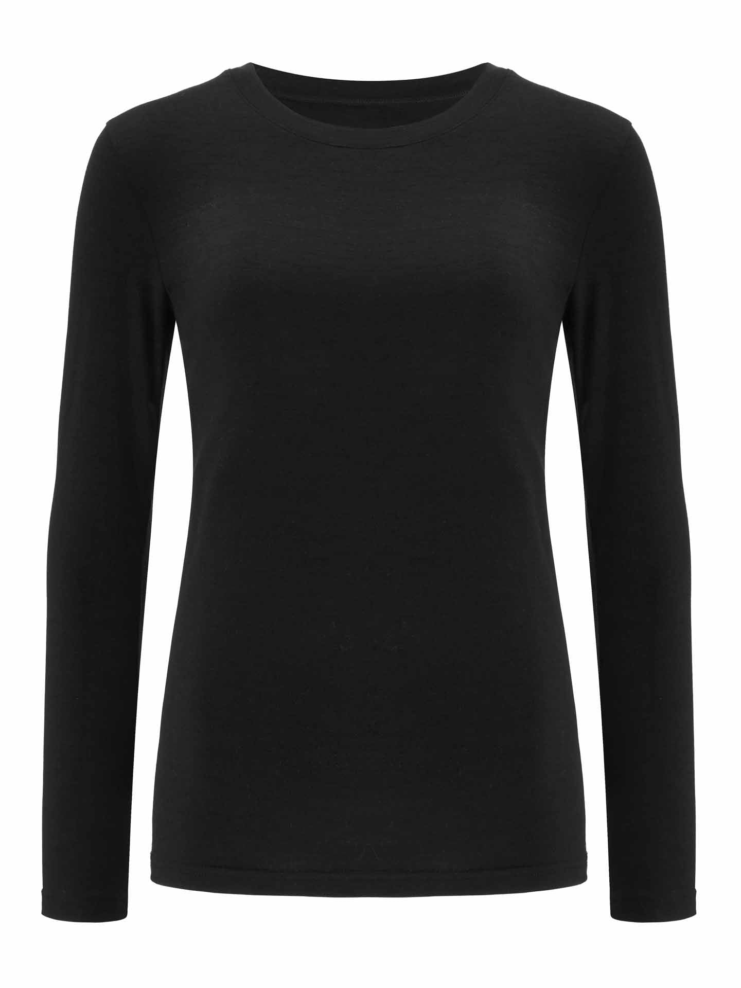 The Sno Merino Crewneck Women by We Norwegians is displayed against a white background. This plain, long-sleeved black t-shirt, made from super fine merino wool, features a round neckline and a simple, unadorned design that exudes the quality of Scandinavian Luxury base-layers.