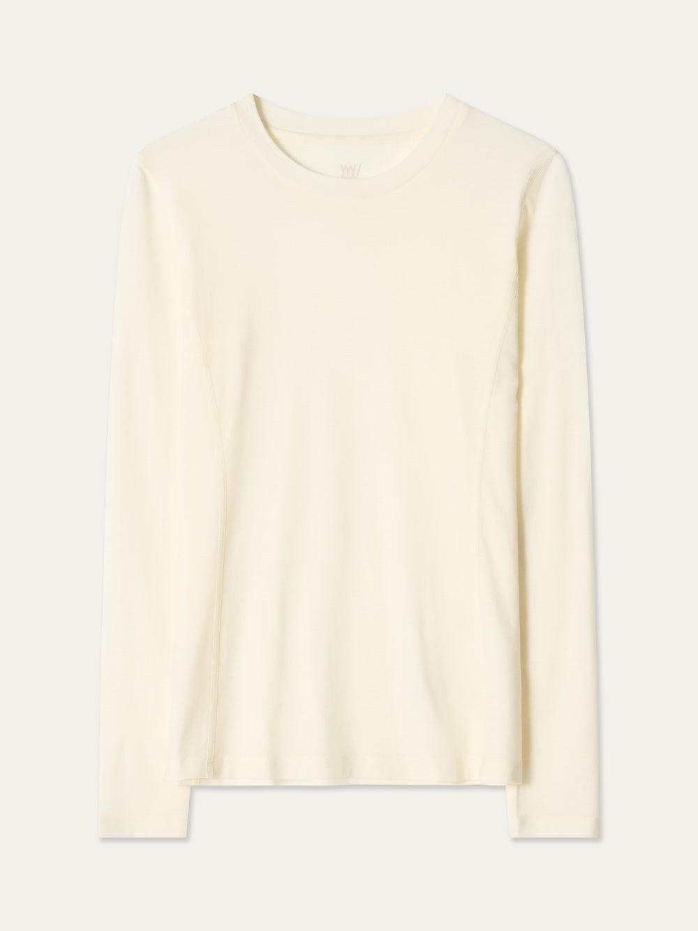 The Sno Merino Crewneck Women by We Norwegians is a plain, long-sleeve off-white crew neck shirt made from breathable jersey fabric, shown on a neutral background.