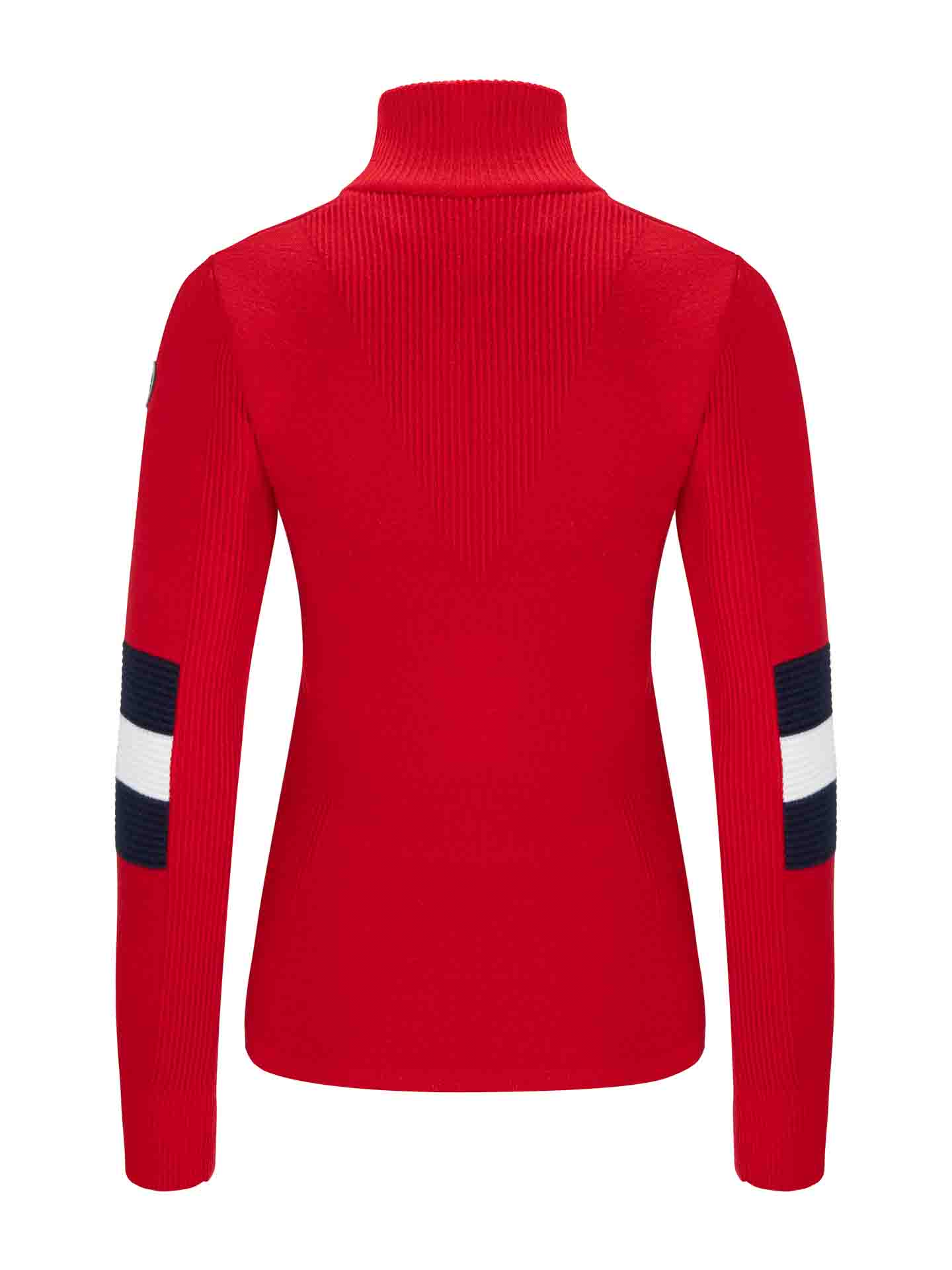 Back view of the We Norwegians Hafjell Zip Up Women. This red, long-sleeved turtleneck sweater, crafted by Italian knitters, features two horizontal color blocks on each arm: a white stripe sandwiched between two black stripes. Made with fine merino wool, the sweater has a ribbed texture along the neck, hem, and cuffs.