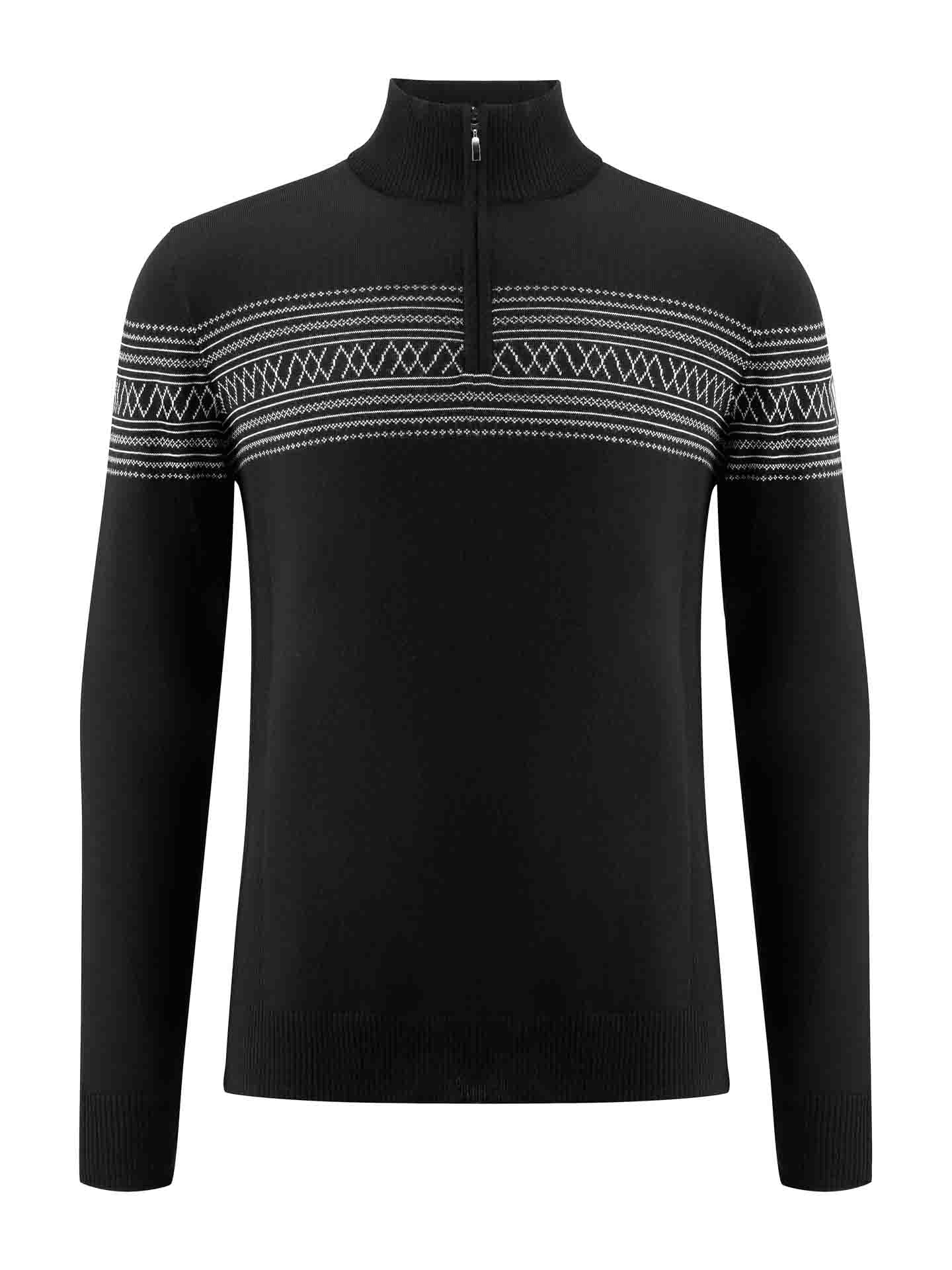 The We Norwegians Signature Zip Up Men is a black long-sleeved sweater with a quarter zip at the collar, featuring intricate white geometric patterns across the chest and upper arms. This Setesdal base layer adds a classic winter style, perfect for any ski adventure.