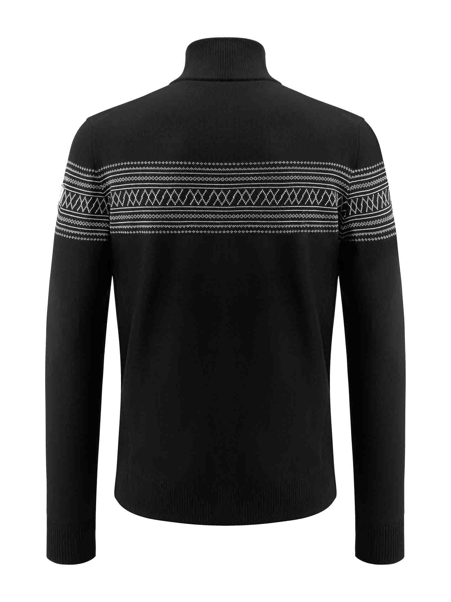 A black, long-sleeve knitted sweater with a high neckline, the Signature Zip Up Men by We Norwegians. Made from cozy merino wool, this classic ski sweater features a white geometric pattern band around the chest and upper sleeves. The sweater is displayed from the back.