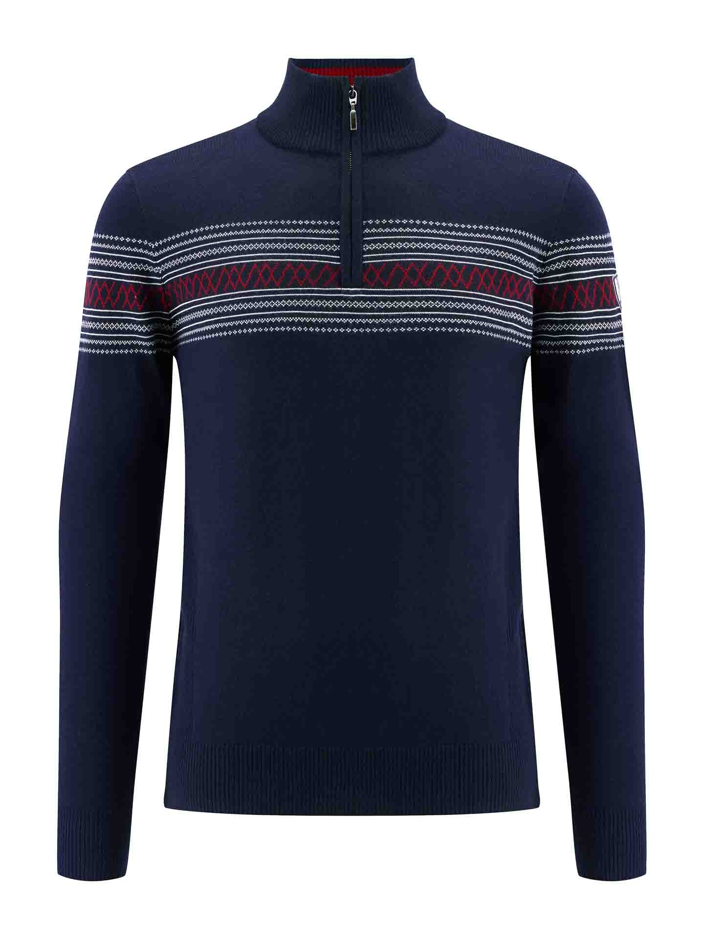 Introducing the Signature Zip Up Men by We Norwegians: a navy blue, long-sleeved sweater with a half-zip collar. Crafted from soft merino wool, it boasts classic white and red horizontal stripes across the chest and upper arms. The knit texture is complemented by ribbed finishes on the collar, cuffs, and hem, giving it the timeless appeal of a classic ski sweater.