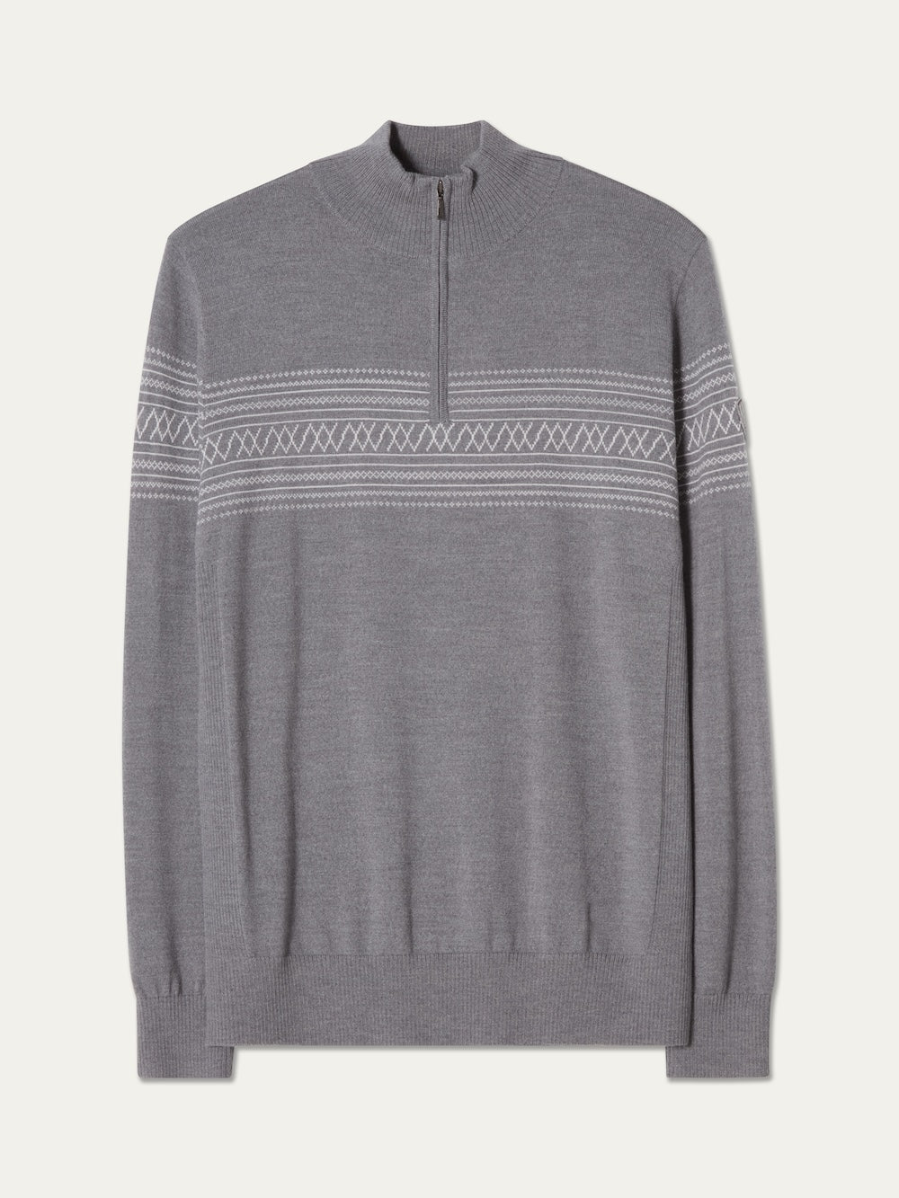 We Norwegians’ Signature Zip Up Men sweater in gray, crafted from washable merino wool and featuring a white Norwegian Setesdal pattern across the chest and sleeves, with ribbed cuffs and hem, is shown laid flat on a white background.