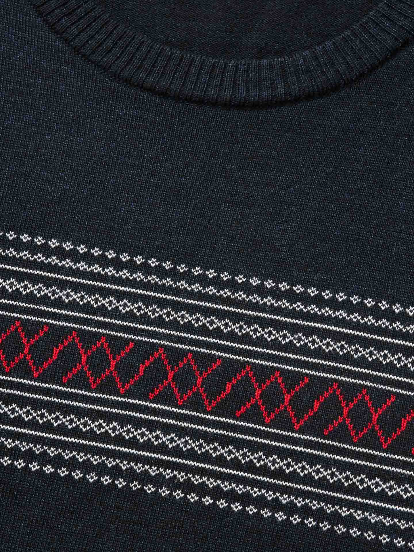 Close-up of the Signature Crewneck Men sweater by We Norwegians, showcasing a black base color with patterned horizontal bands across the chest. This design, inspired by Norwegian heritage, features intricate white geometric motifs and a central red diamond pattern. The neckline is a ribbed crew neck.