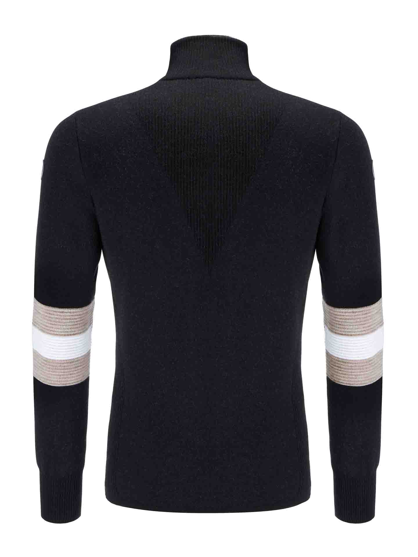 The image showcases the back view of the Hafjell Zip Up Men by We Norwegians, a black long-sleeve sweater crafted from 100% fine merino wool by Italian knitters. Featuring a high collar and ribbed texture at the upper back, the sleeves are adorned with two horizontal striped bands in white and light grey, reminiscent of classic ski sweaters.